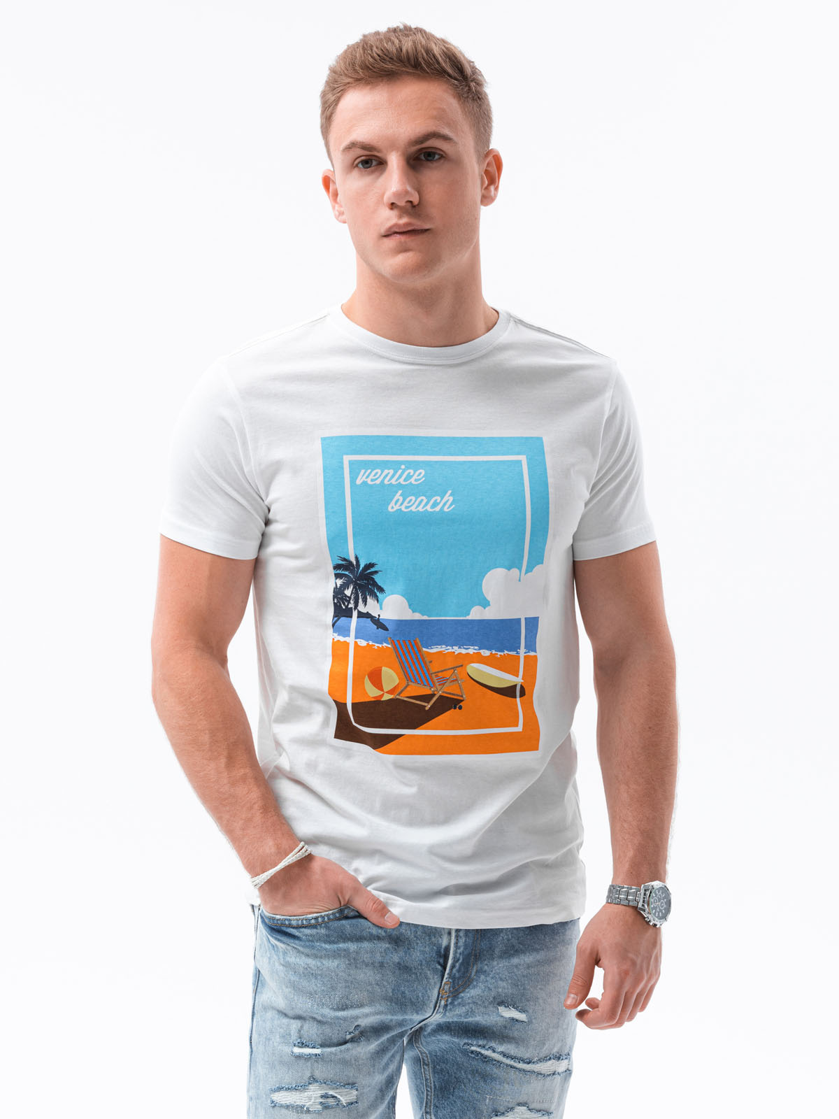 T-shirt męski z nadrukiem - biały V-3A S1434 - M