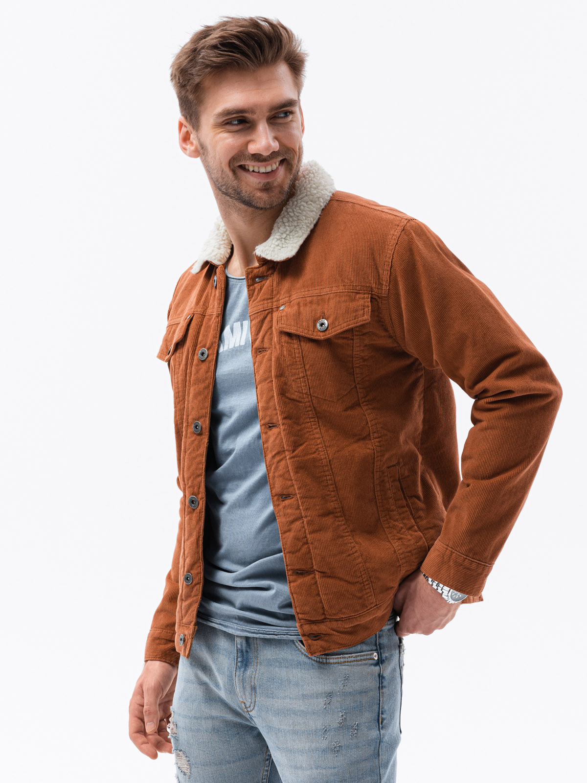 Kurtka męska sztruksowa typu sherpa - brązowa V1 C524 - XXL