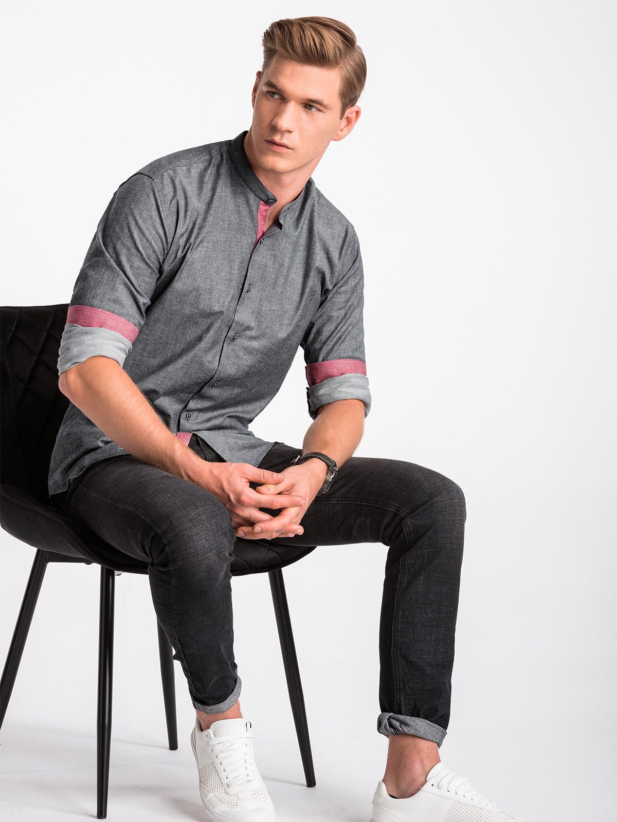 Koszula męska z długim rękawem - grafitowa K488 - L