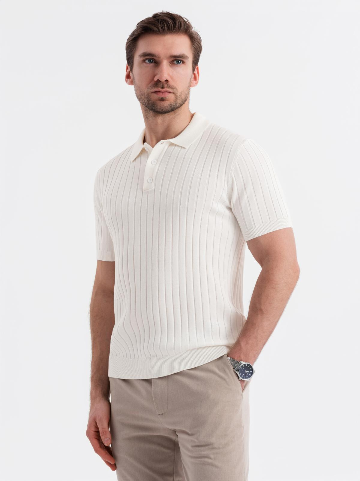 Męska koszulka polo z wiskozą SLIM FIT w pionowy prążek – złamana biel V3 - Rozmiar: XL