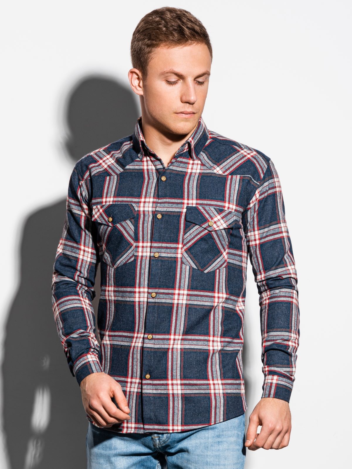 Koszula męska w kratę z długim rękawem - granatowa K510 - XXL