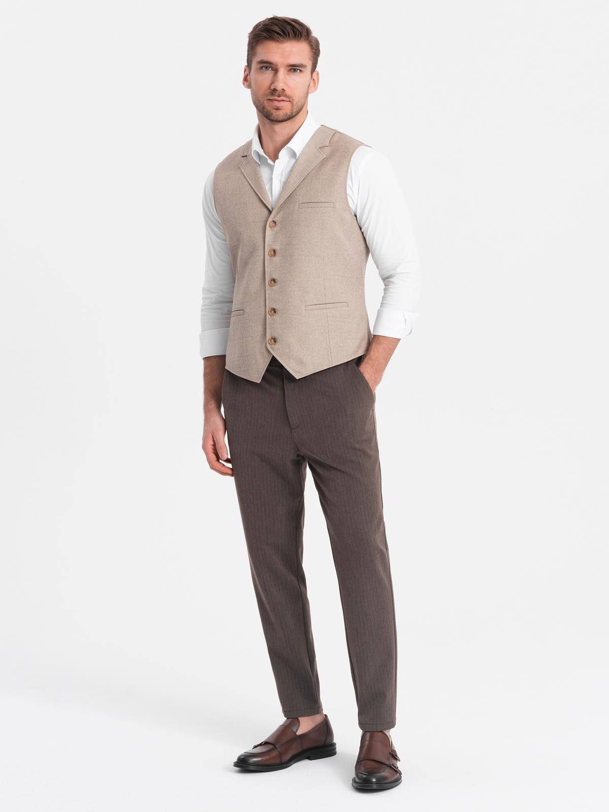 Spodnie męskie chino z gumką w pasie SLIM FIT - czekoladowe V2 - Rozmiar: XL