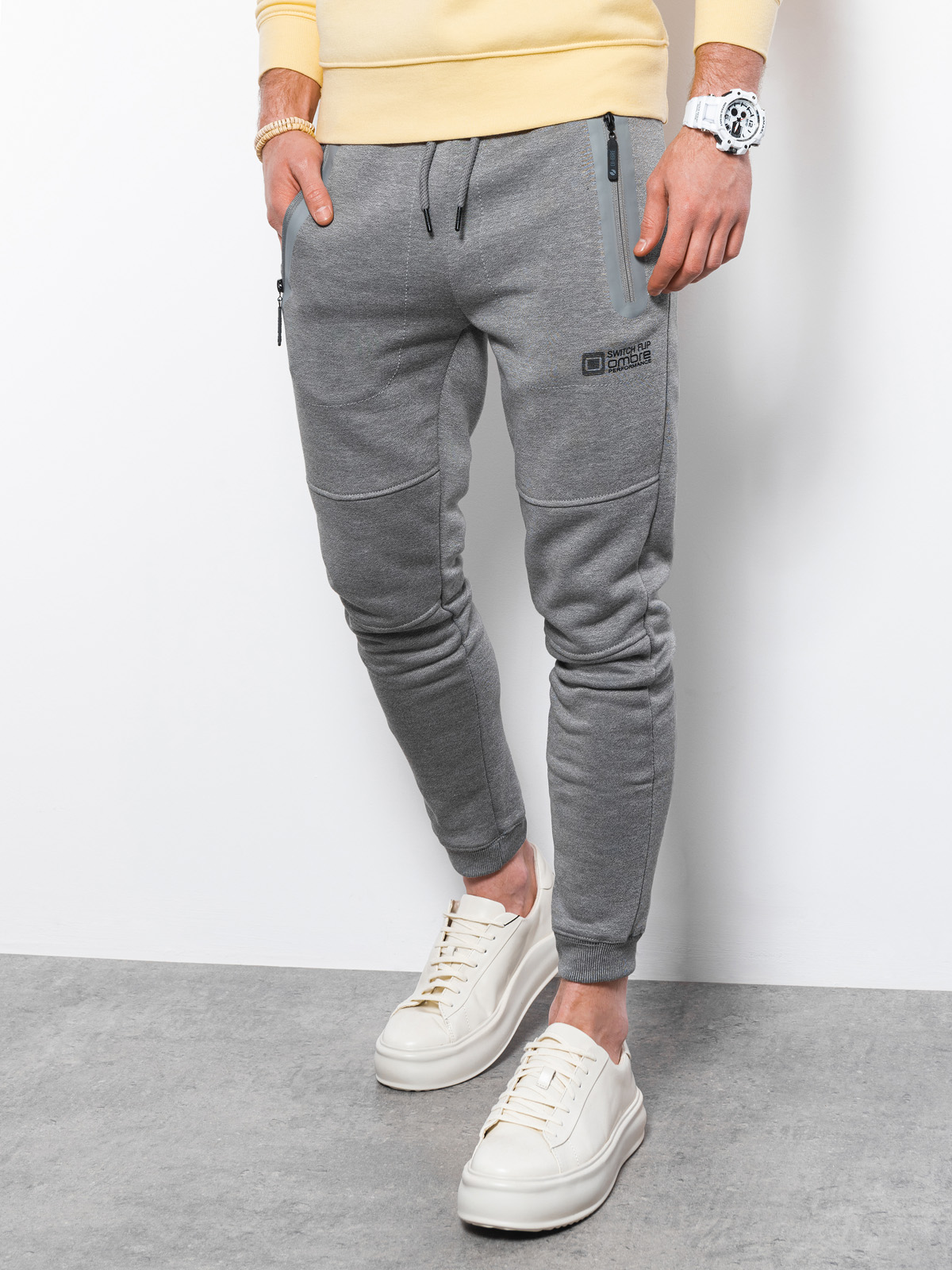 Spodnie męskie dresowe joggery - szary melanż V3 P902 - L