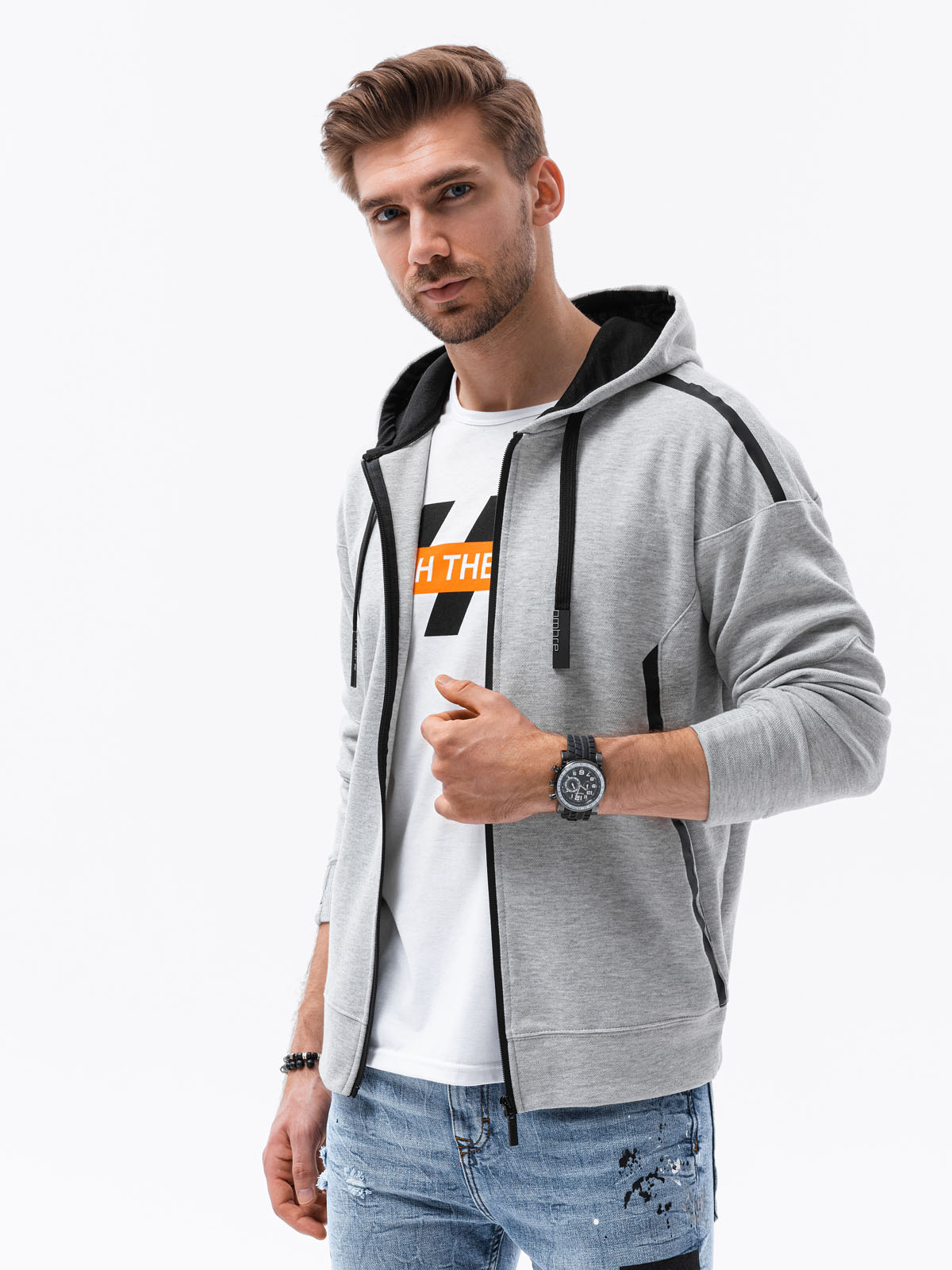 Bluza męska rozpinana z kapturem - szary melanż B1205 - S