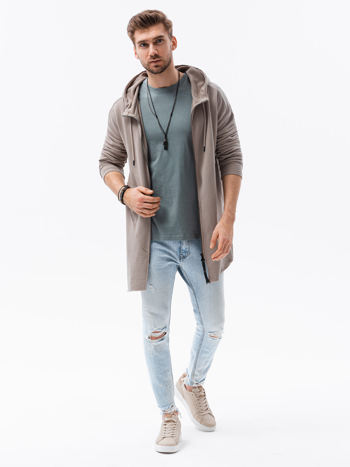 Długa bluza męska rozpinana z kapturem - popielata V2 B1189 - M