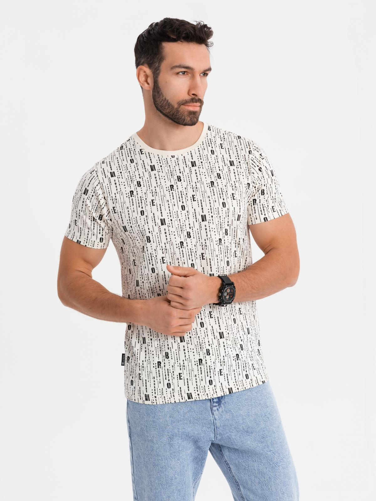 Koszulka bawełniana z nadrukiem i okrągłym dekoltem – kremowa V1 - Rozmiar: XL