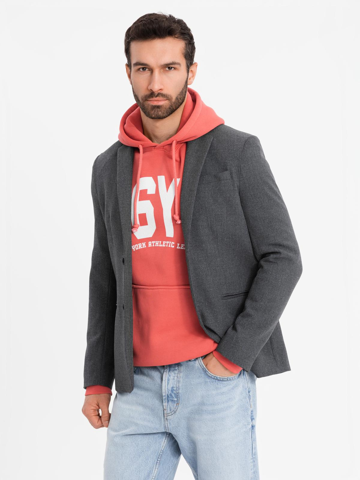 Elegancka marynarka męska z dekoracyjnymi guzikami na mankietach - grafitowa V1 - Rozmiar: S