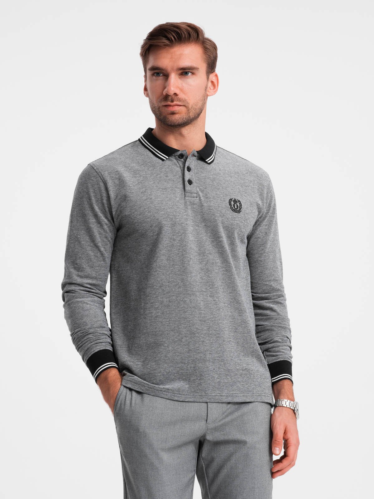 Melanżowy męski longsleeve polo z haftem – czarny melanż V1