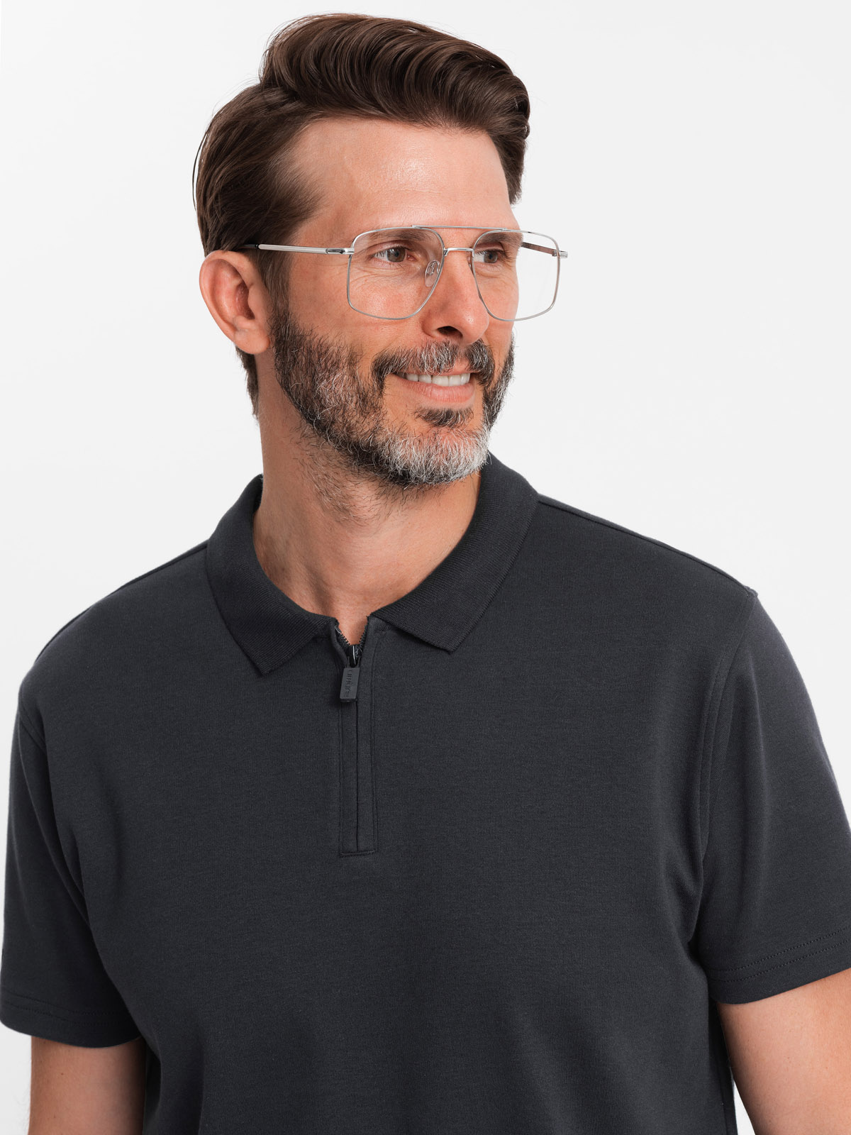 Męska koszulka z zapinanym na zamek kołnierzykiem polo – czarna V8 - Rozmiar: L