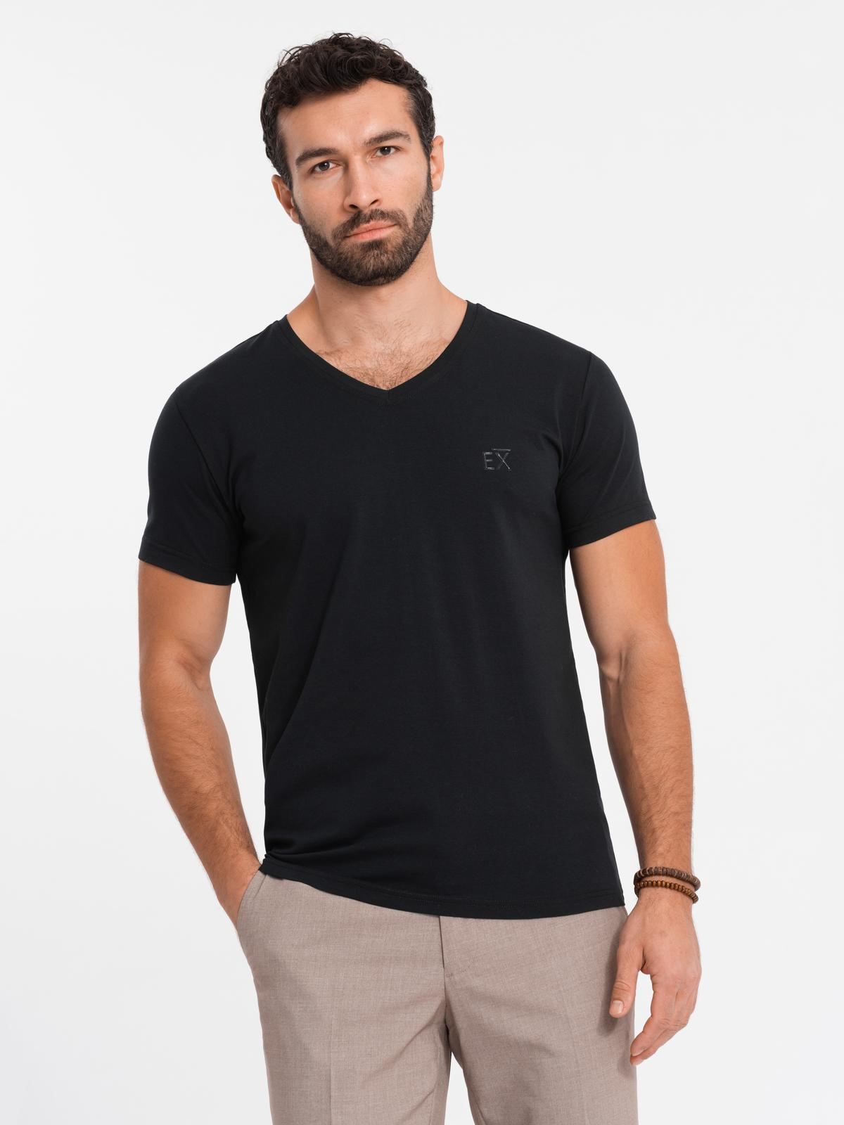 T-shirt męski V-neck SLIM FIT z elastanem i printem – czarny V1 - Rozmiar: L