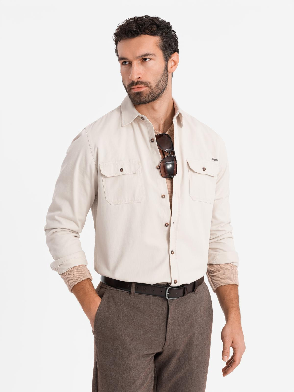 Męska bawełniana koszula REGULAR FIT z kieszeniami zapinanymi na guziki - kremowa V1