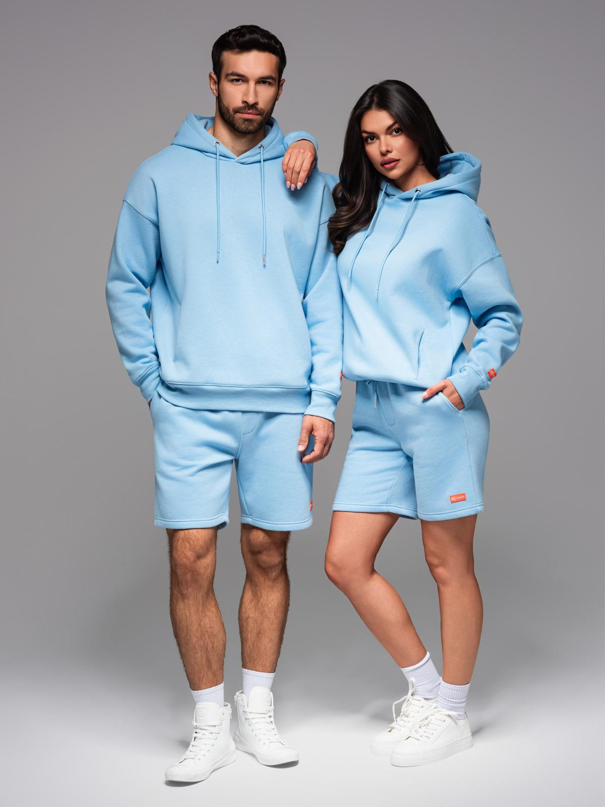 Komplet dresowy UNISEX bluza z kapturem + szorty w stylu athleisure – błękitne V8