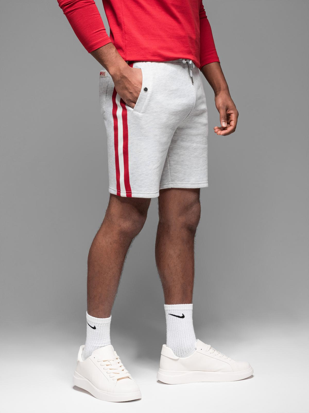 Męskie szorty dresowe z lampasami i ściągaczem w pasie – szary melanż V1 - Rozmiar: S