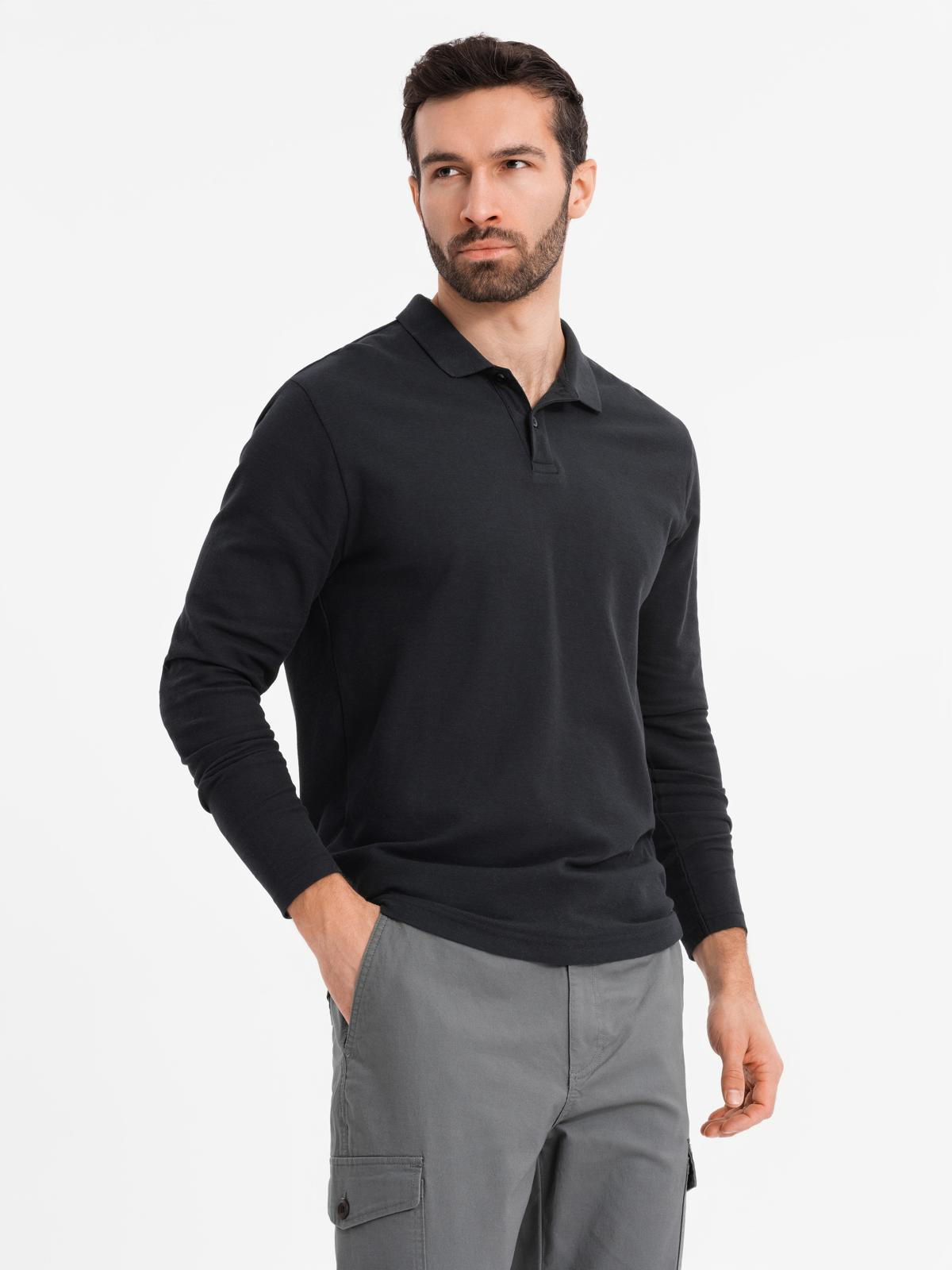 Longsleeve męski z kołnierzykiem polo BASIC – czarny V2 - Rozmiar: XL