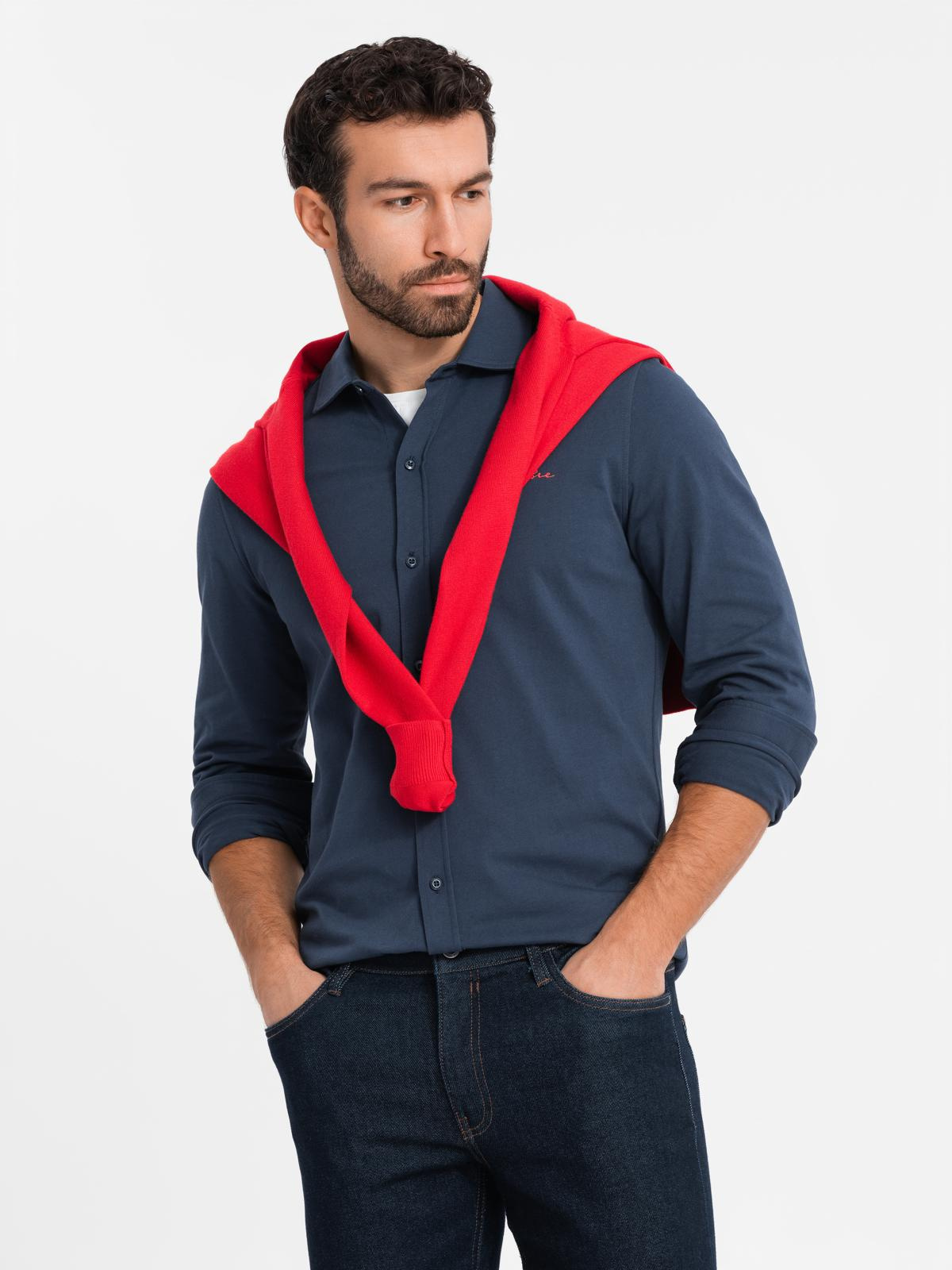 Koszula męska bawełniana REGULAR z dzianiny single jersey - granatowa V2 - Rozmiar: XL