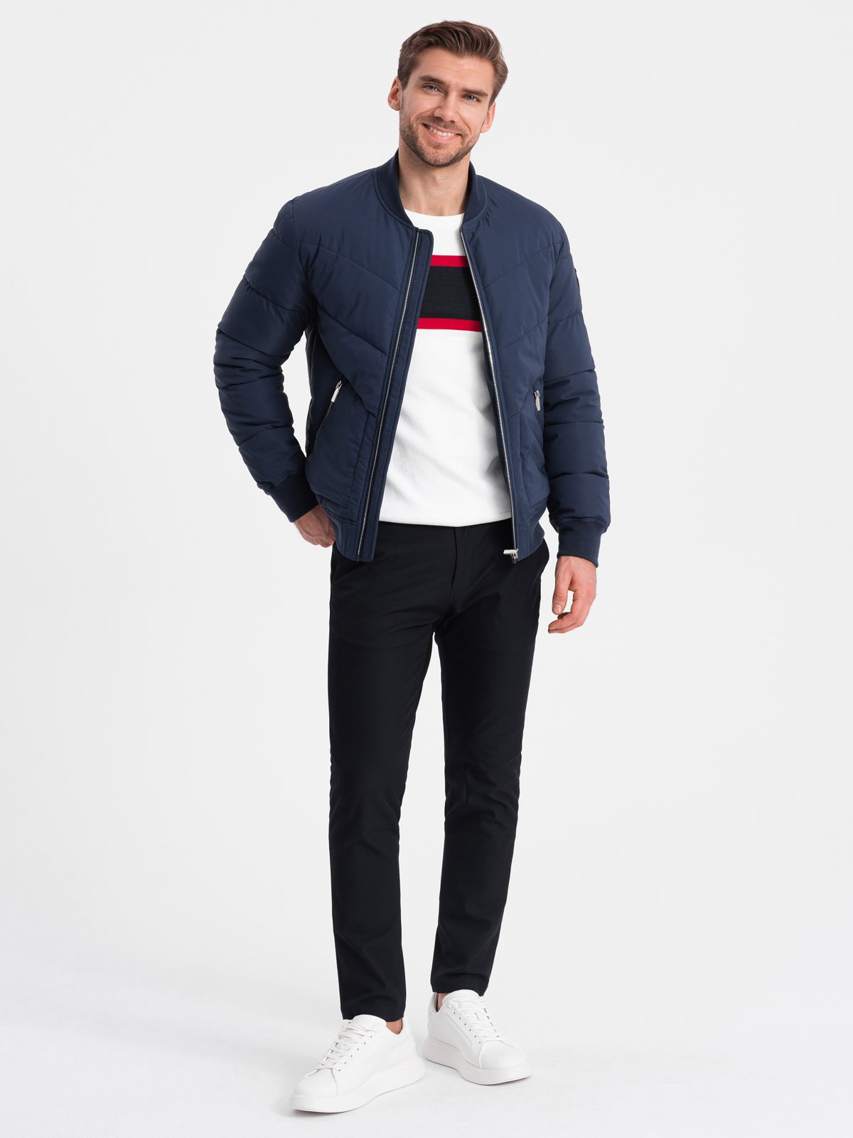 Kurtka męska bomberka pikowana z metalowymi zamkami - granatowa V2 - Rozmiar: XL