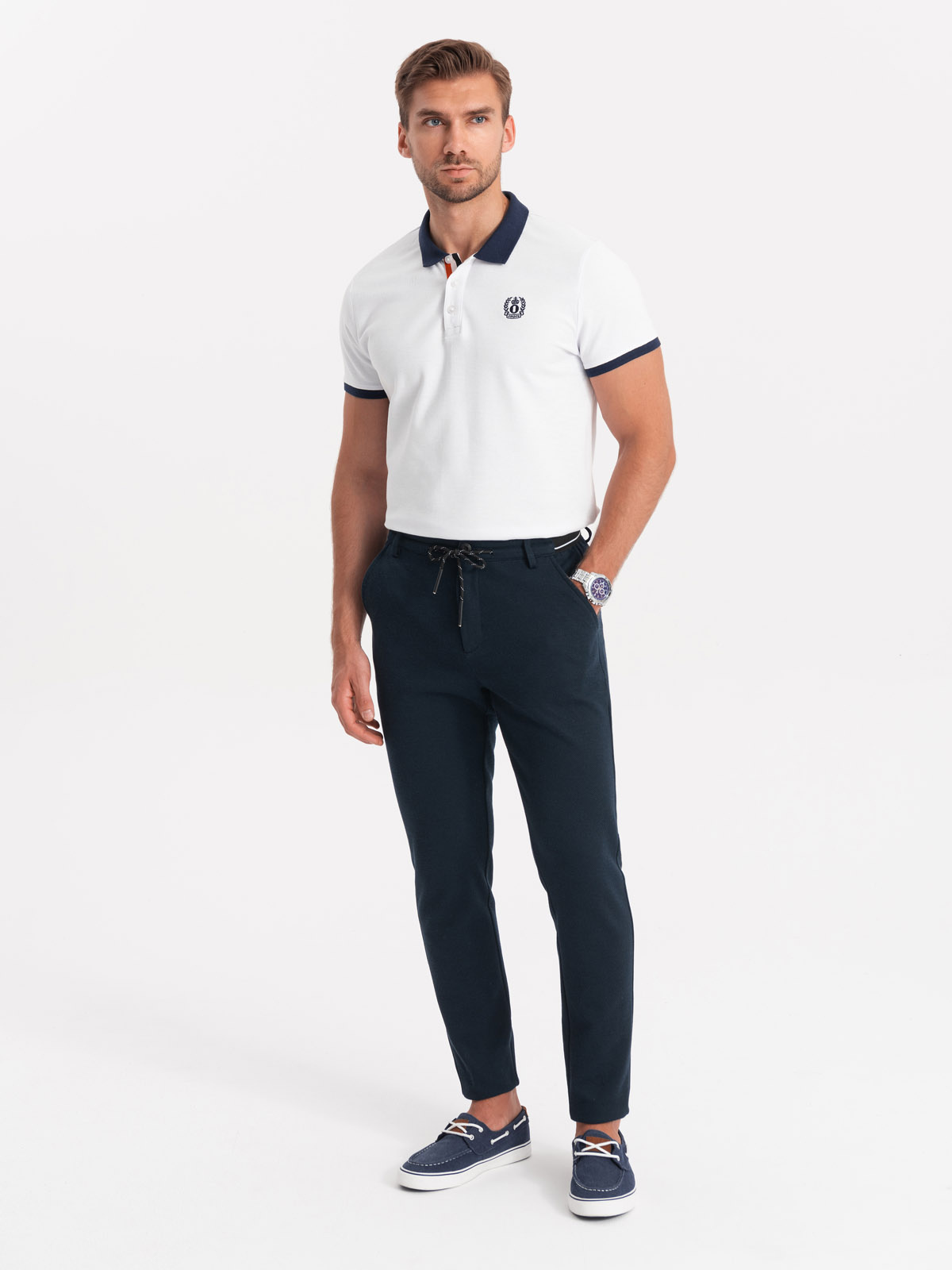 Dzianinowe spodnie męskie z gumką w pasie - granatowe V3