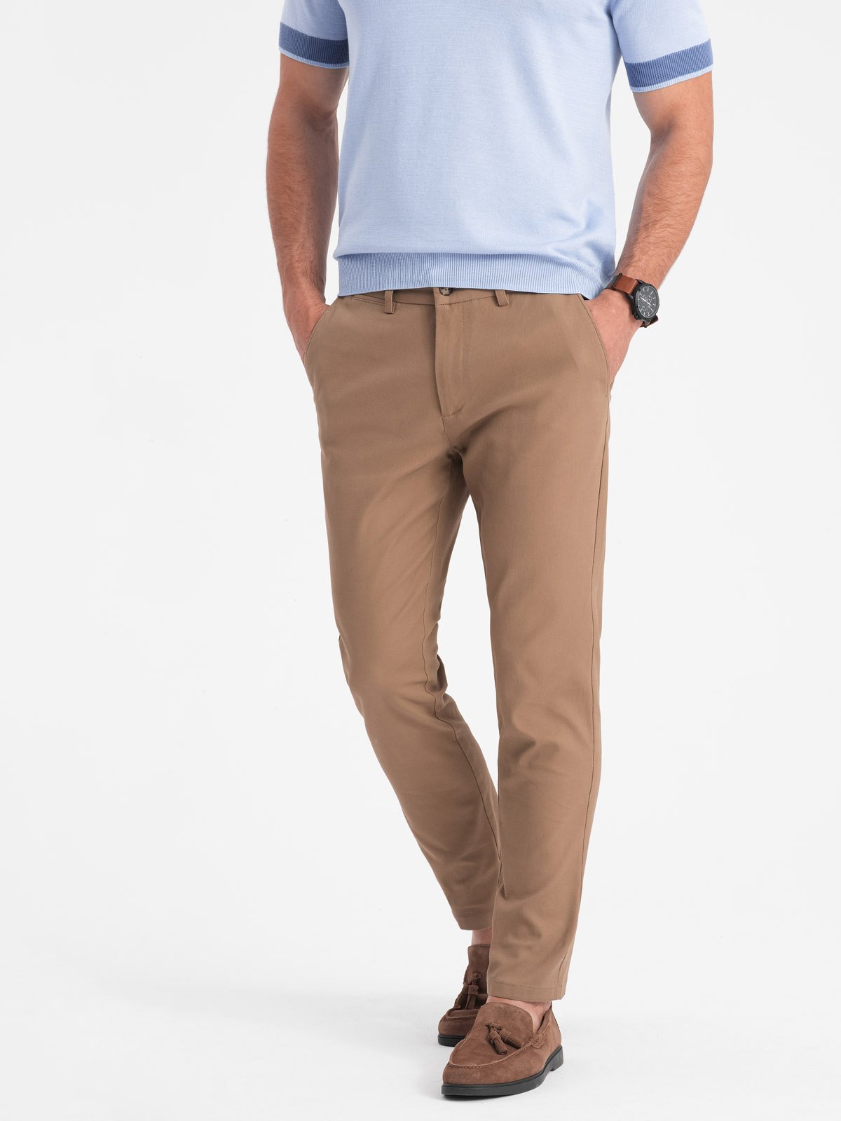 Spodnie męskie chino SLIM FIT - jasnobrązowe V2 - Rozmiar: M