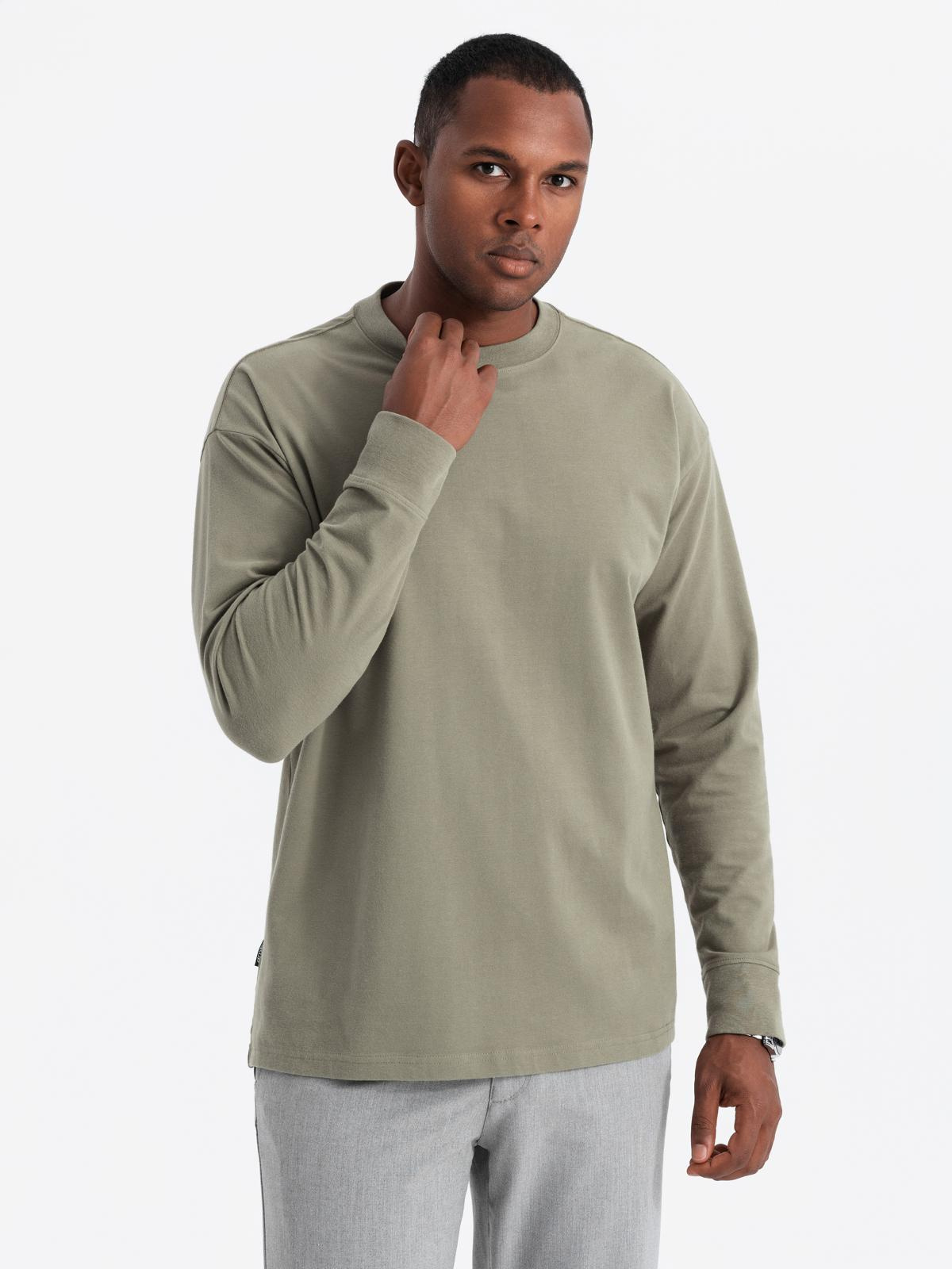 Bawełniany longsleeve męski LOOSE FIT z okrągłym dekoltem – khaki V4 - Rozmiar: L