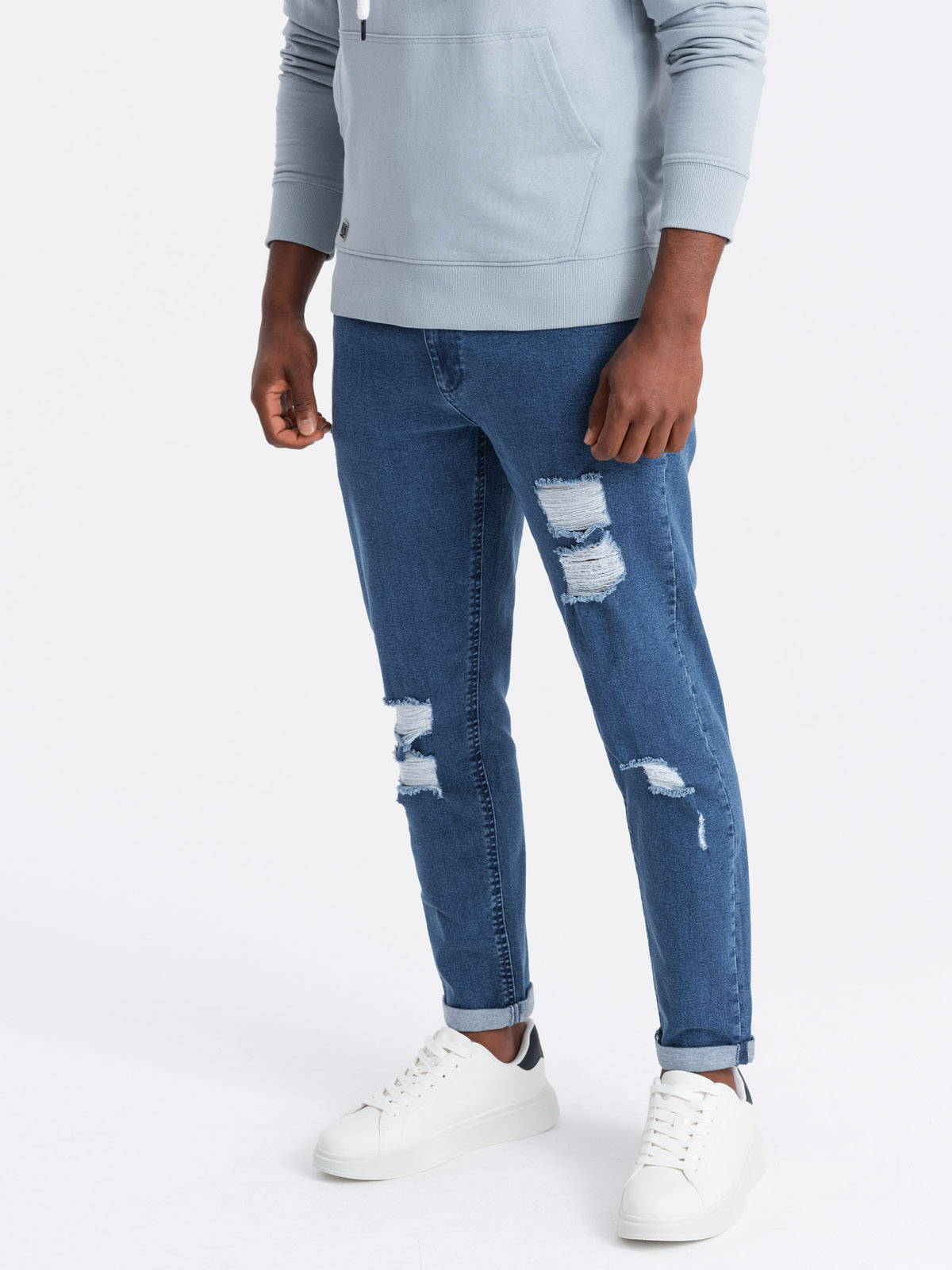 Washowane spodnie męskie jeansowe TAPERED FIT z przetarciami – niebieskie V2 - Rozmiar: XL