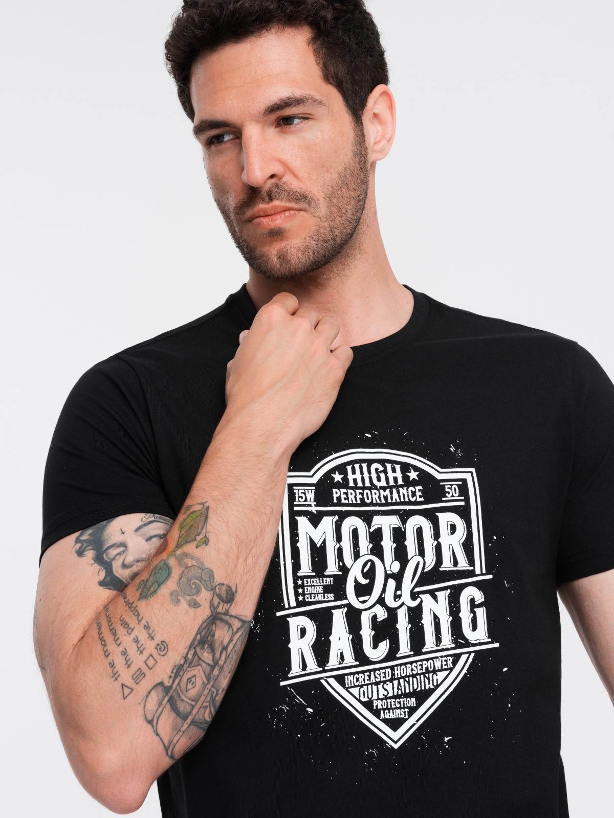 T-shirt męski z nadrukiem w stylu motocyklowym – czarny V1