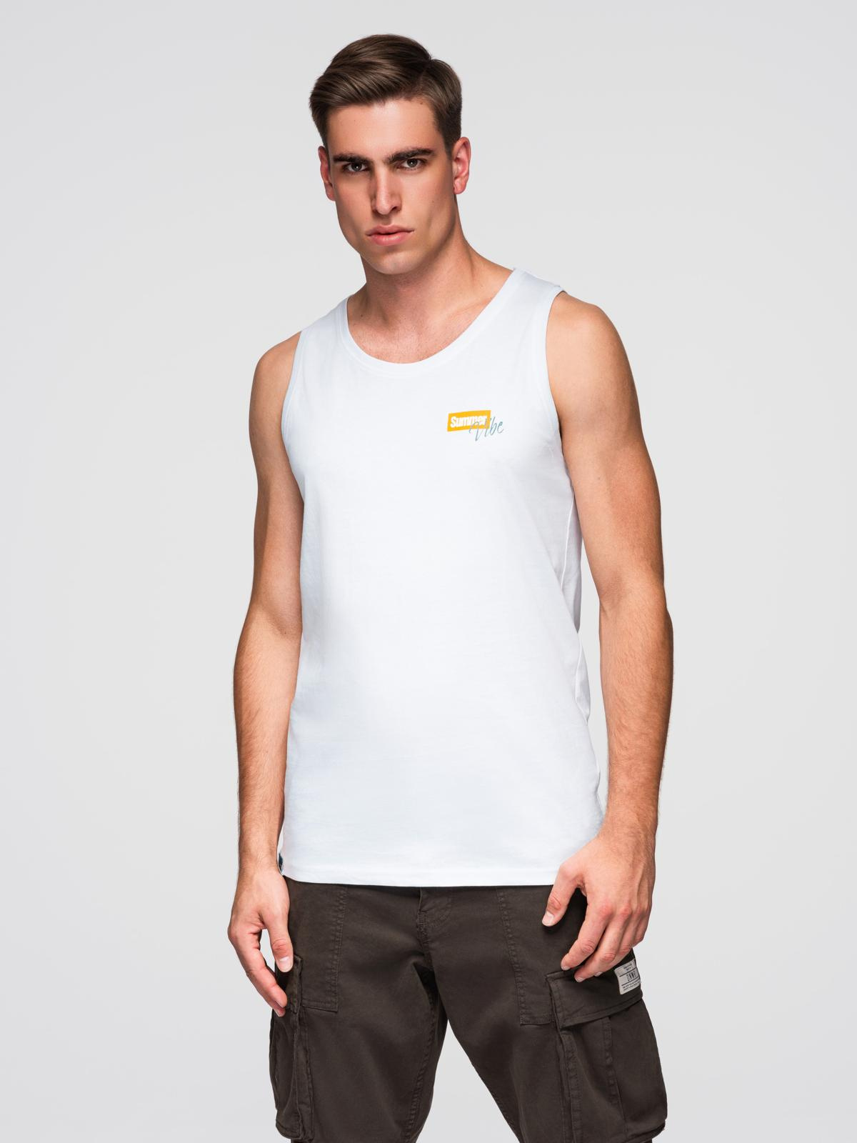 Bawełniany męski tank top z nadrukiem Summer Vibe – biały V2 - Rozmiar: XL