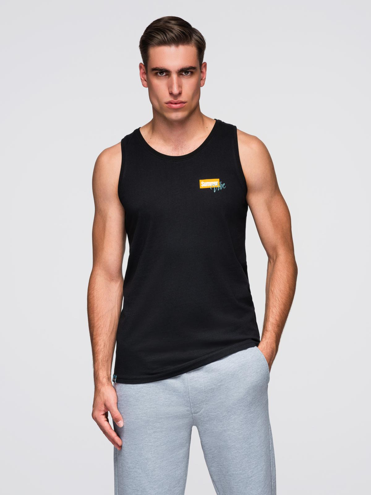 Męski bawełniany tank top z nadrukiem Summer Vibe – czarny V1 - Rozmiar: L