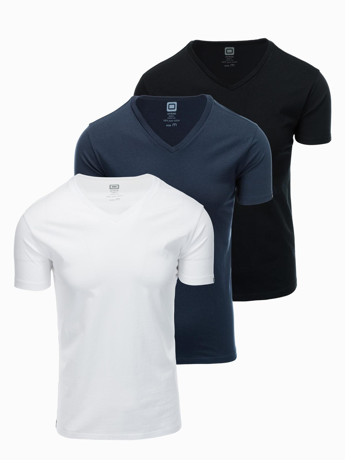 Zestaw męskich t-shirtów bawełnianych V-neck BASIC – czarny/biały/granatowy V1 - Rozmiar: S