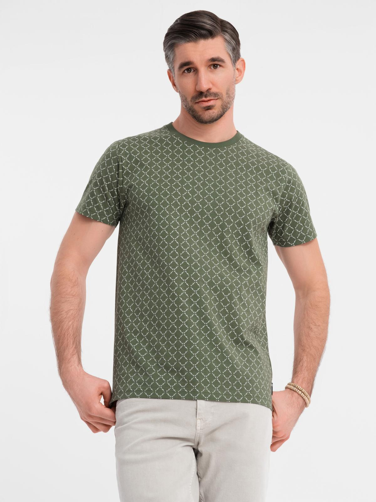 Koszulka męska dzianinowa z nadrukiem full print – oliwkowa V2 - Rozmiar: XL