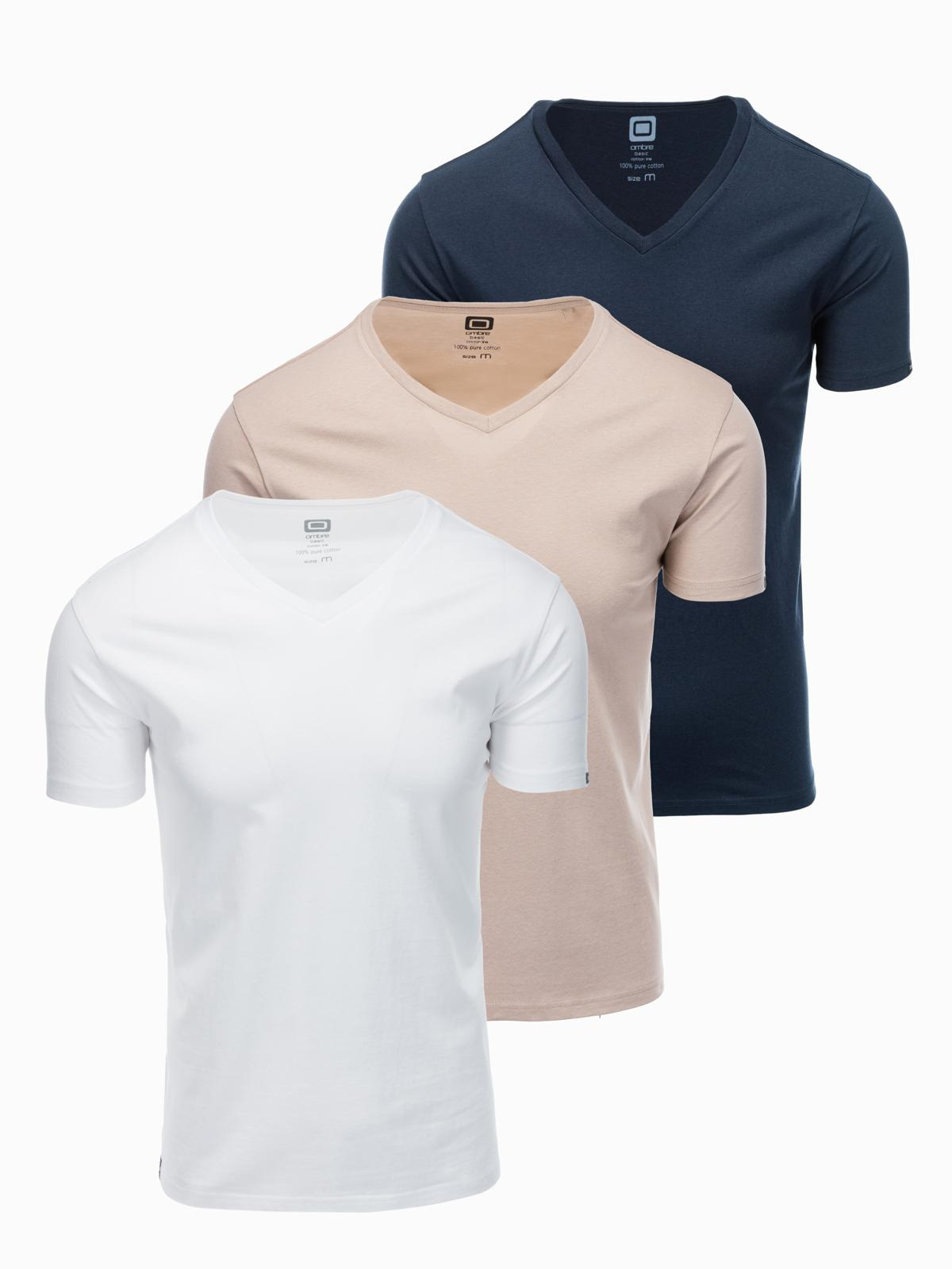 Zestaw bawełnianych męskich koszulek V-neck BASIC – biały/piaskowy/granatowy V12 - Rozmiar: XL