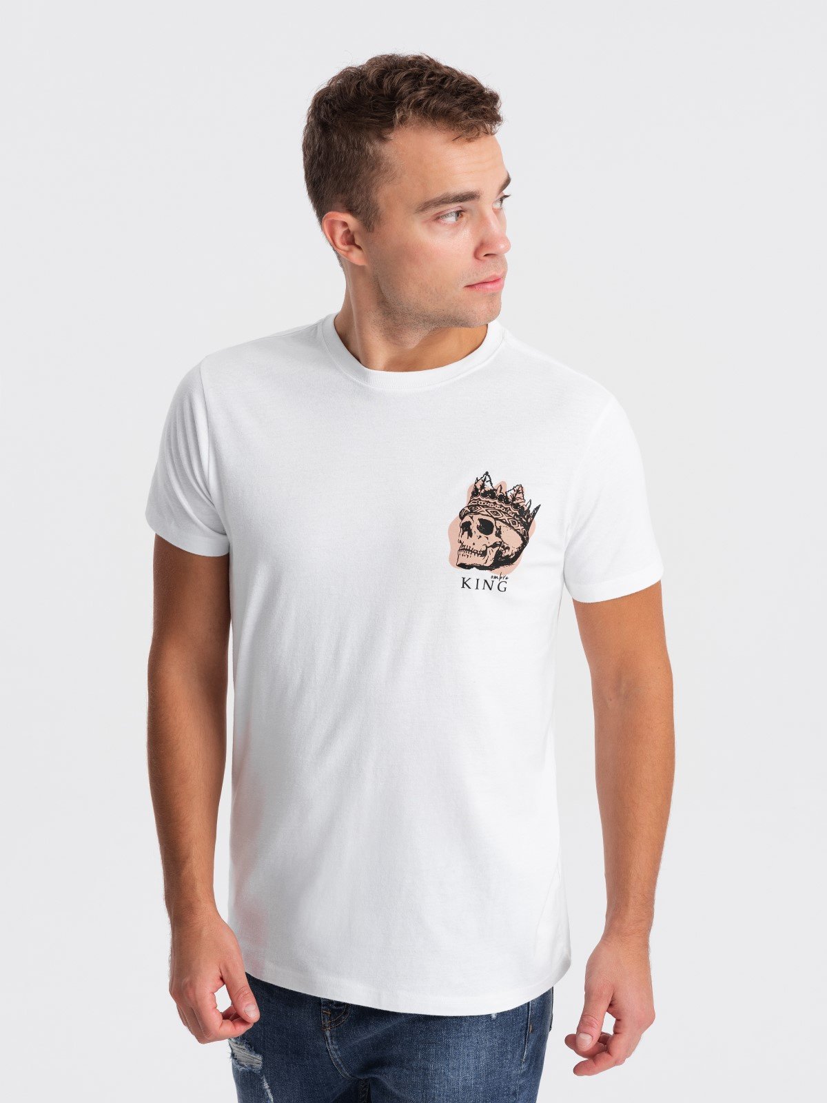 T-shirt męski bawełniany z nadrukiem na klatce piersiowej - biały V3 - Rozmiar: L