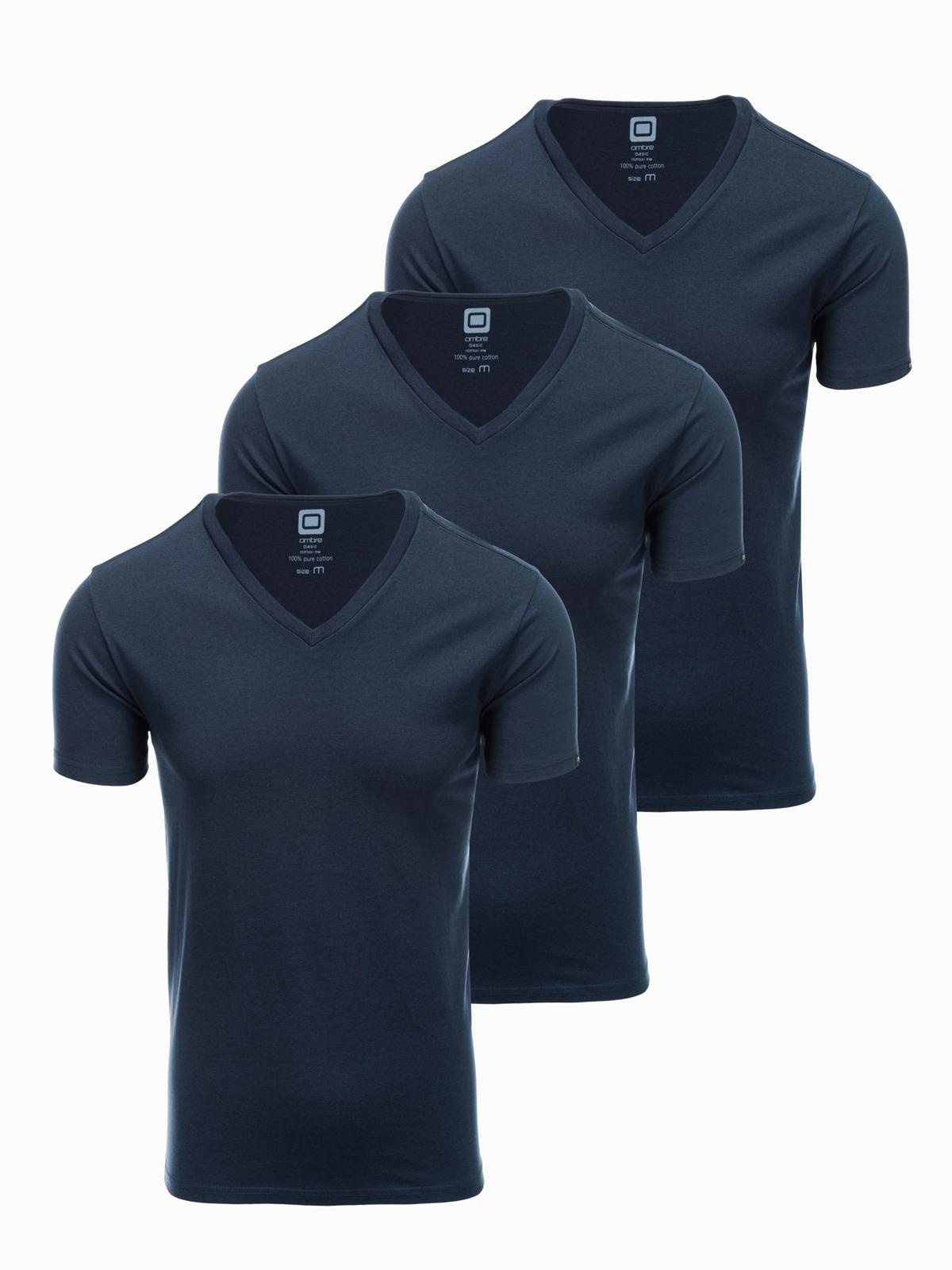 Zestaw męskich koszulek bawełnianych V-neck BASIC – 3x granatowy V10 - Rozmiar: XXL
