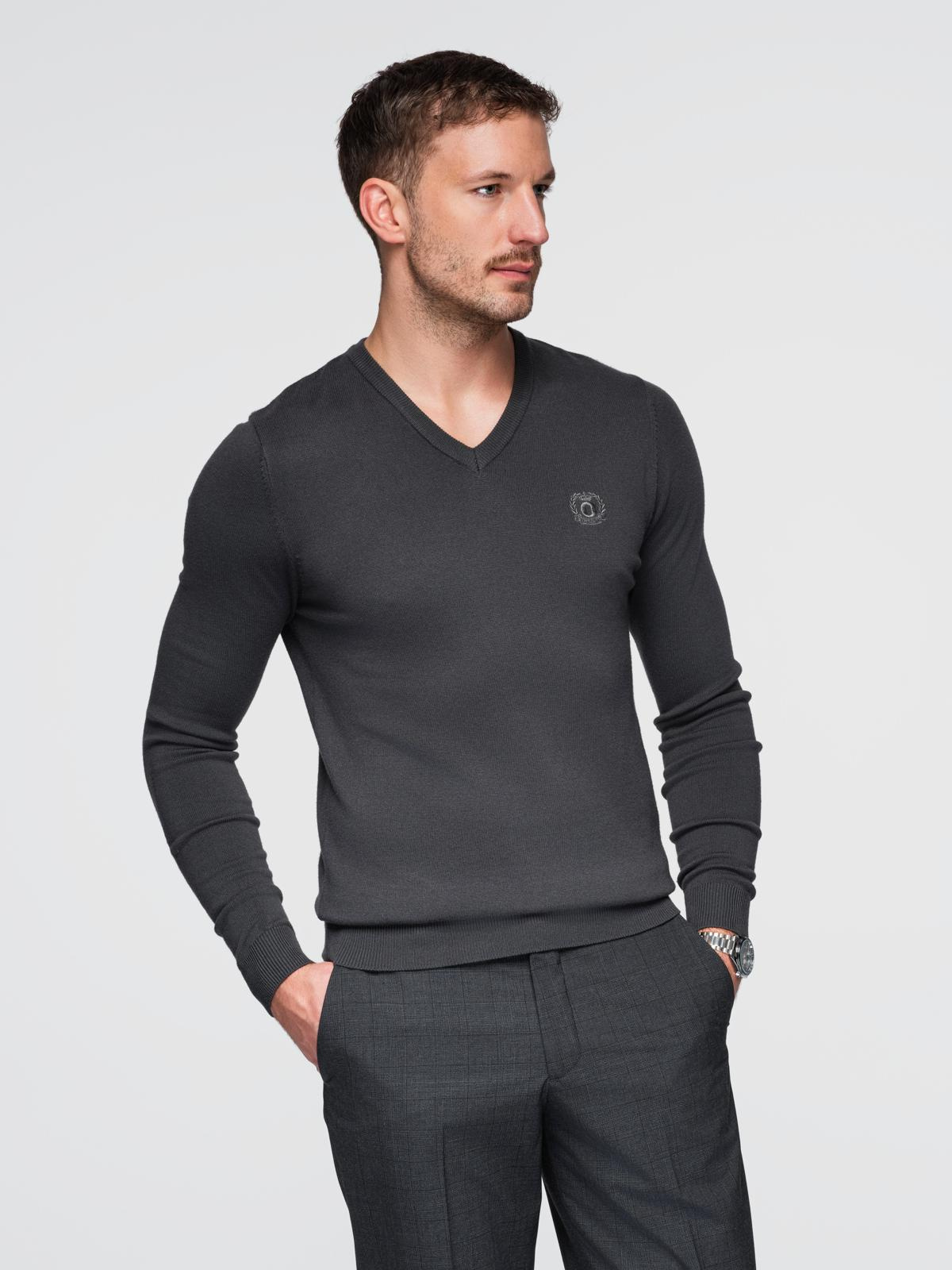 Elegancki sweter męski BASIC V-neck z wiskozą - grafitowy V17 - Rozmiar: XXL