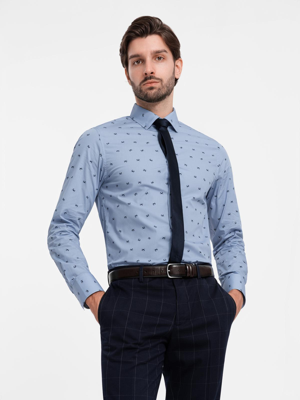 Klasyczna męska bawełniana koszula SLIM FIT w kraby - jasnoniebieska V6