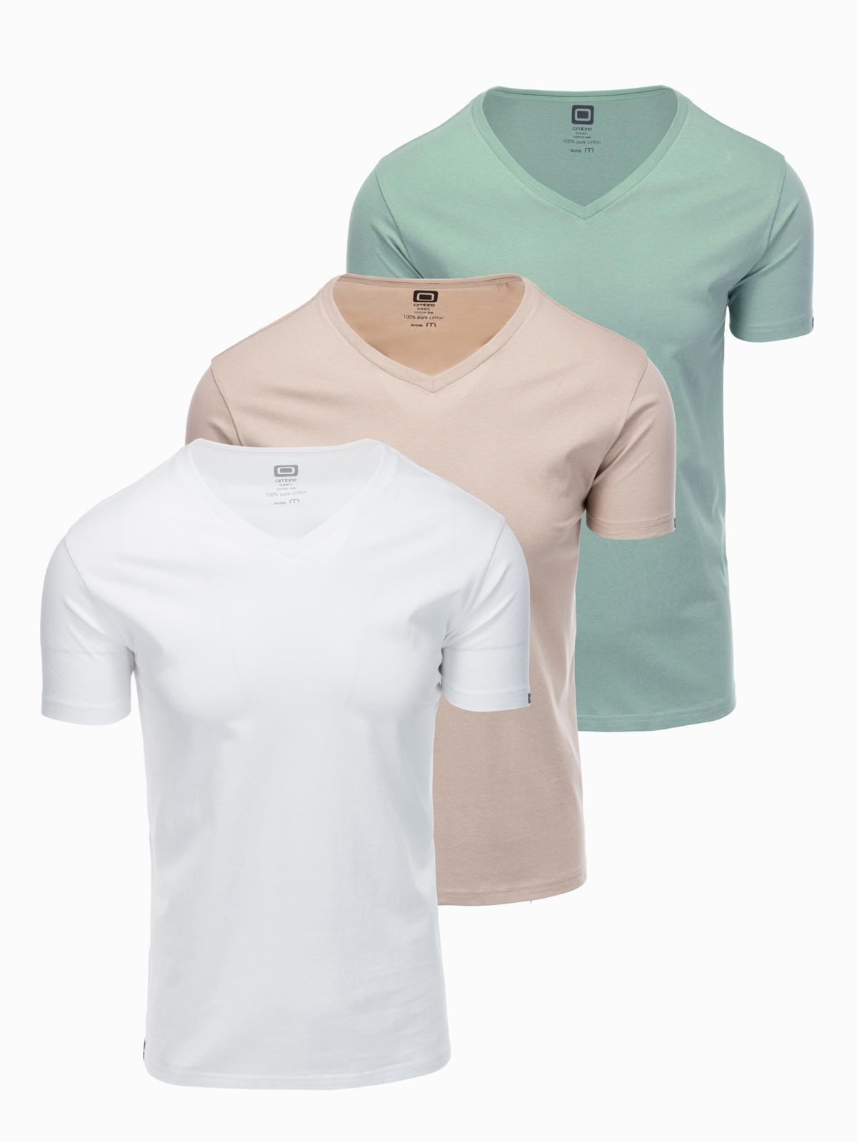 Zestaw bawełnianych koszulek męskich V-neck BASIC – szarozielony/biały/beżowy V14 - Rozmiar: XL