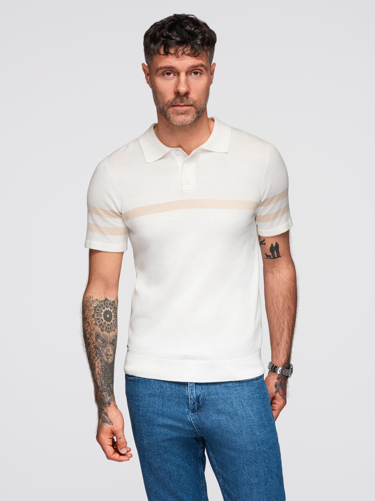 Męska koszulka polo z miękkiej dzianiny z kontrastowymi pasami - kremowa V3 - Rozmiar: XXL
