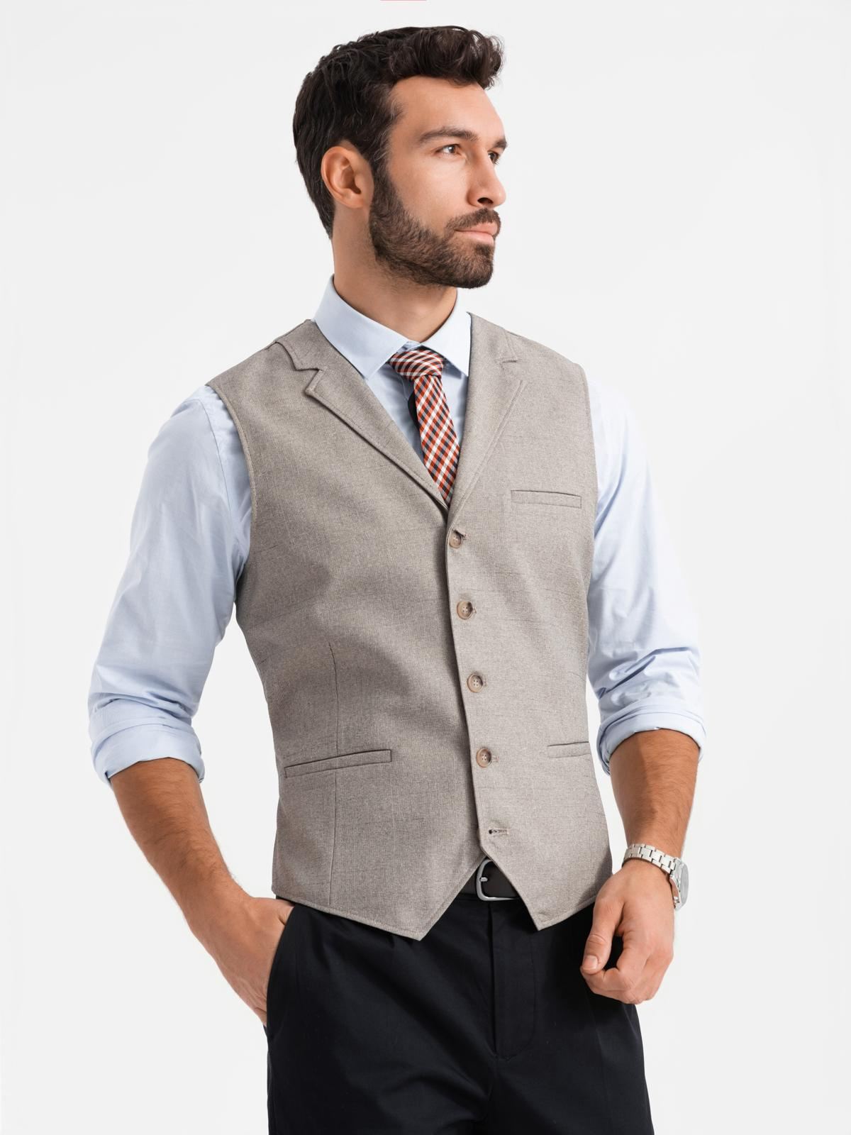 Kamizelka męska garniturowa z kołnierzem - beżowa V3