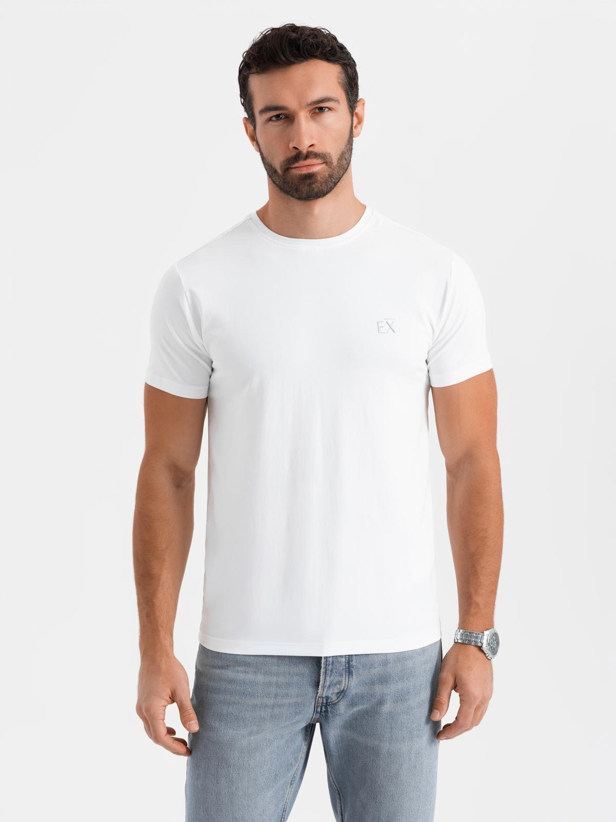 Męski t-shirt SLIM FIT z elastanem i printem – biały V2 - Rozmiar: L
