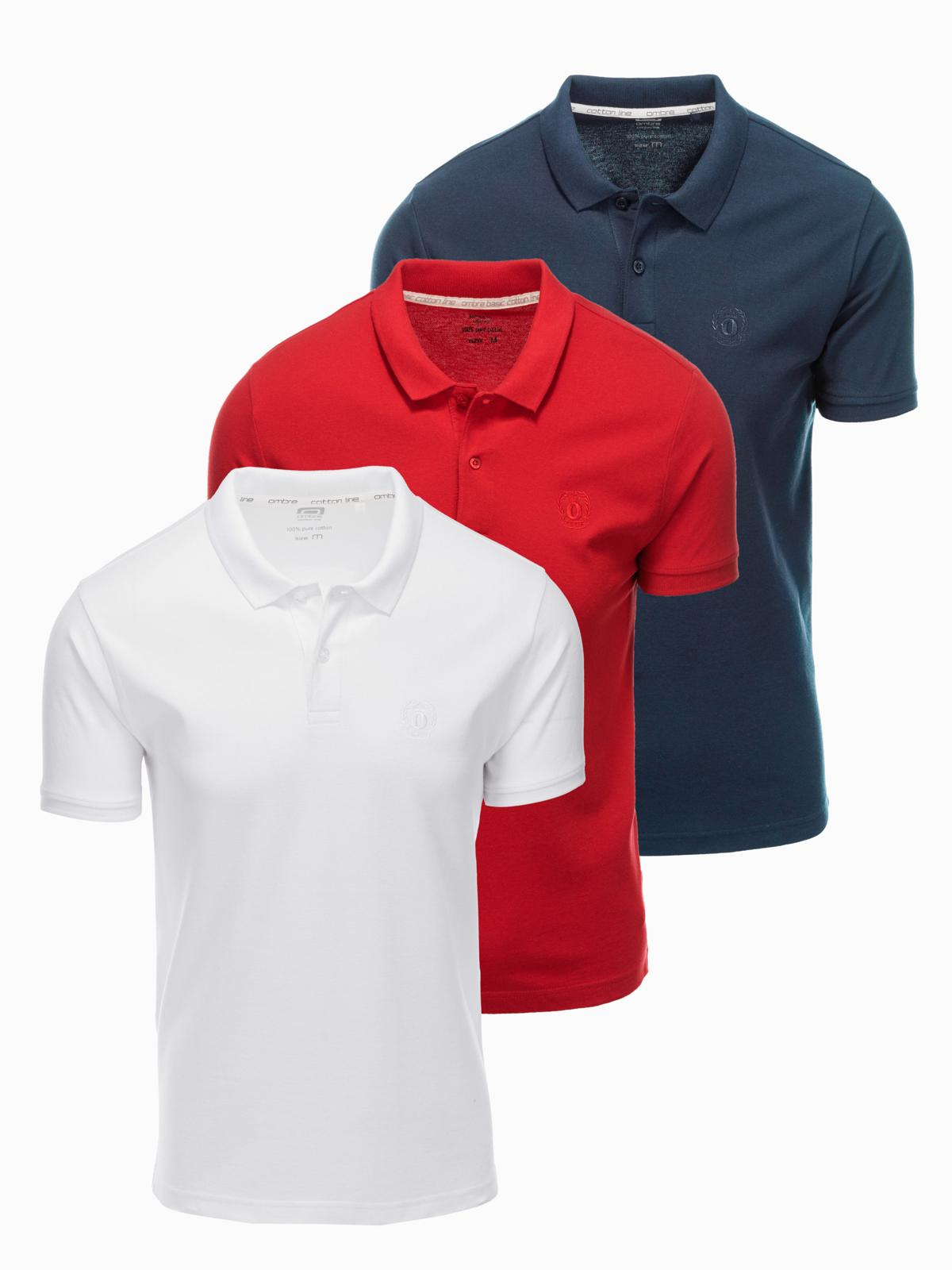 Komplet męskich t-shirtów bawełnianych polo BASIC – granatowy/biały/czerwony V3