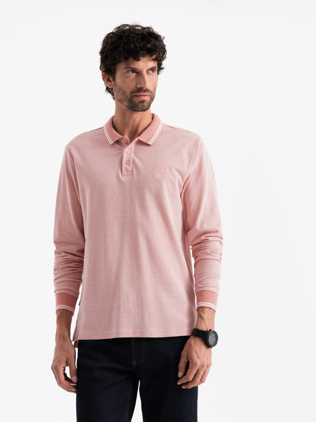 Męski melanżowy longsleeve polo z haftem – różowy melanż V2