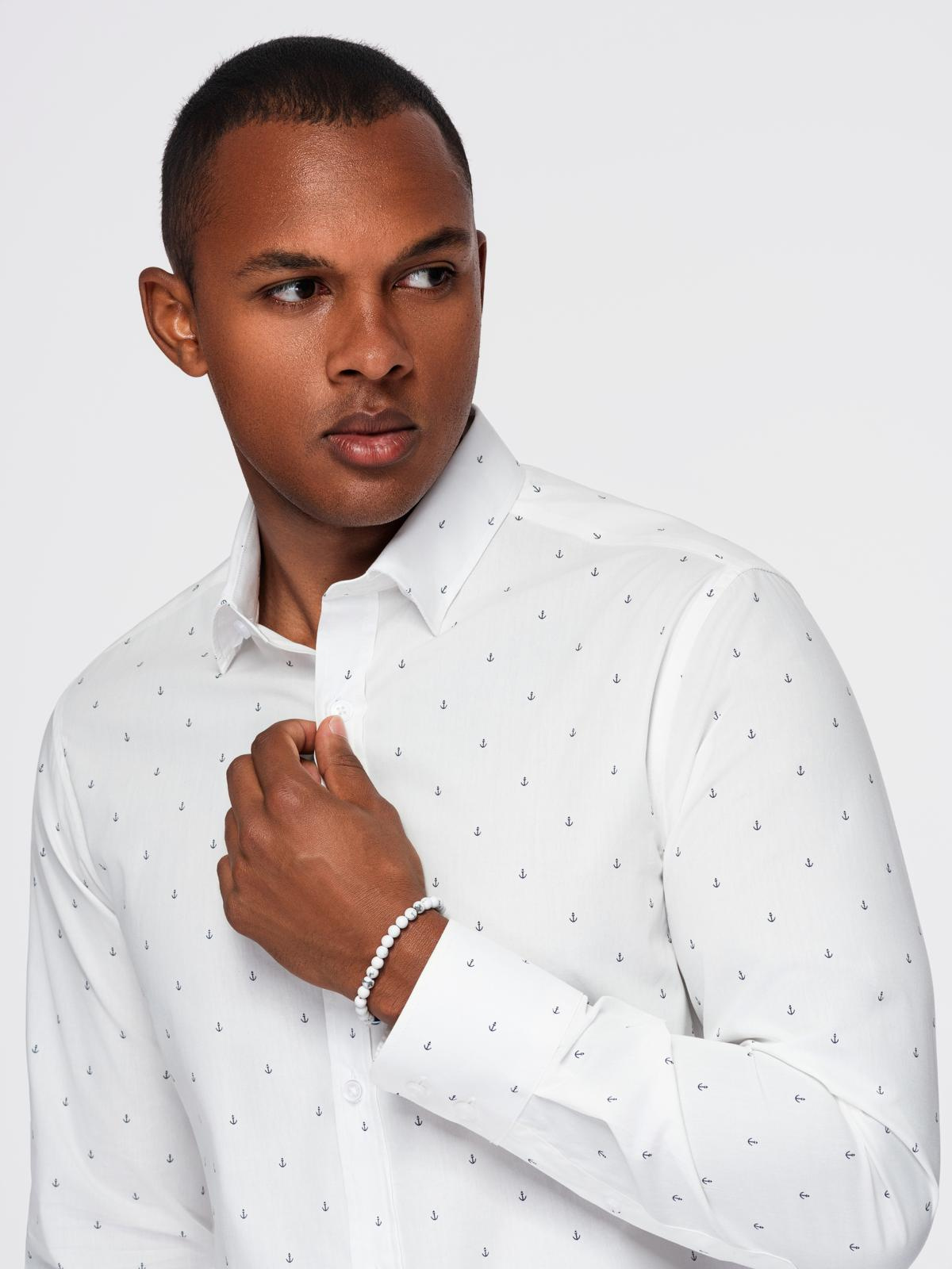 Klasyczna męska bawełniana koszula SLIM FIT w kotwice - biała V3