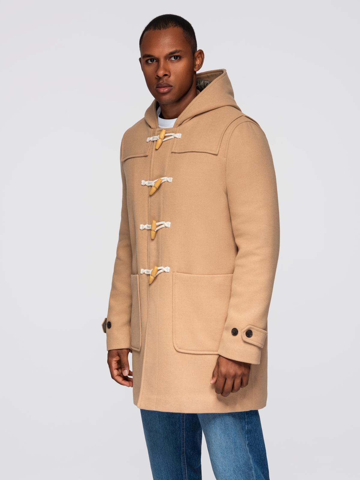 Płaszcz męski z wełną i kapturem duffle coat – jasnobrązowy V1 - Rozmiar: XL