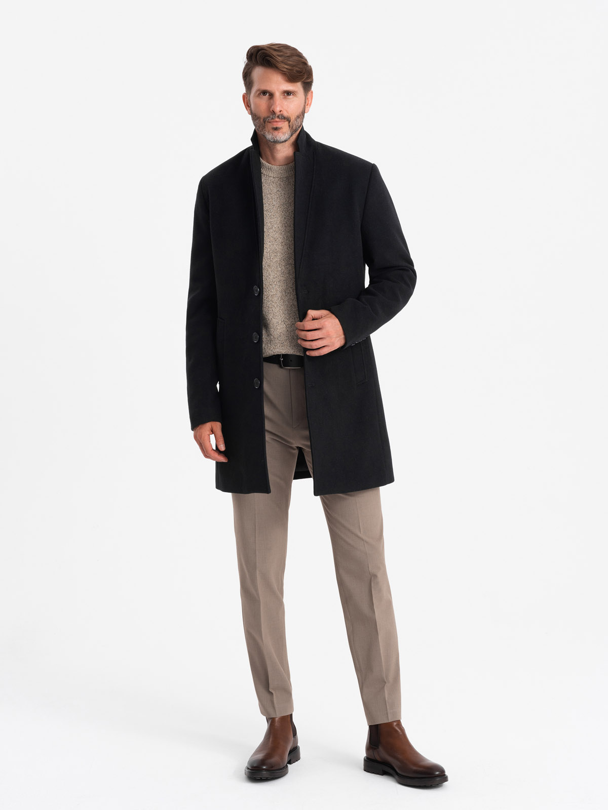 Jednorzędowy długi płaszcz męski w stylu garniturowym – czarny V1 - Rozmiar: XL