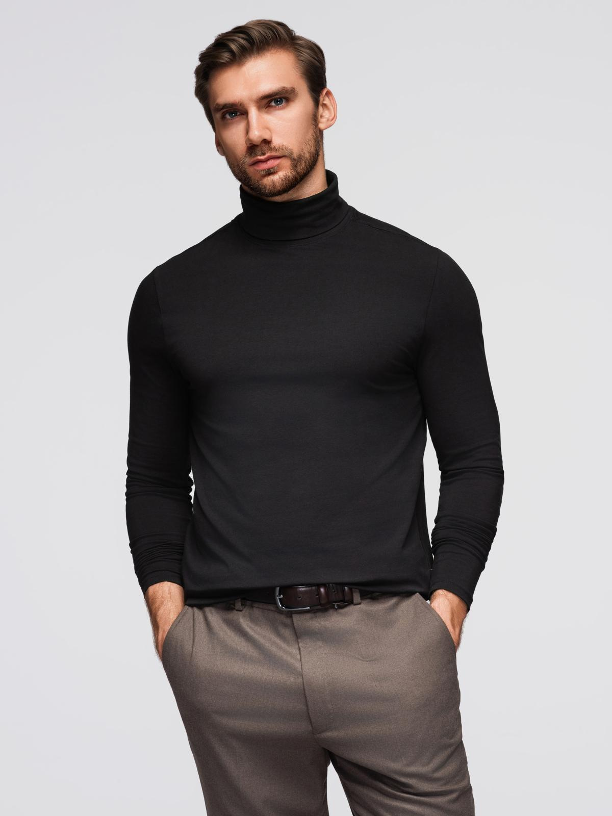 Longsleeve męski gładki z golfem - czarny V1 - Rozmiar: S