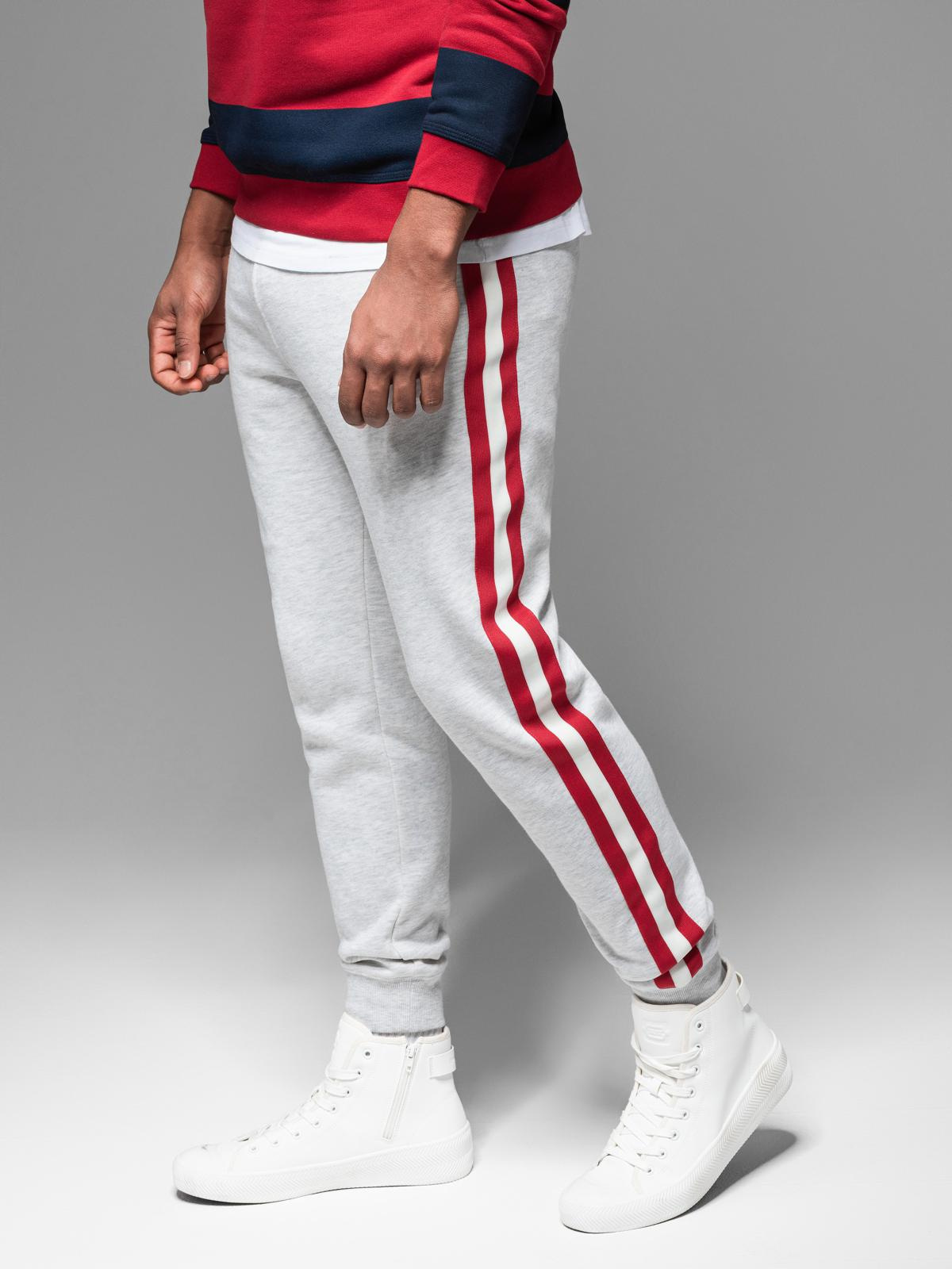 Męskie spodnie dresowe z lampasami i ściągaczami na nogawkach – szary melanż V1 - Rozmiar: M