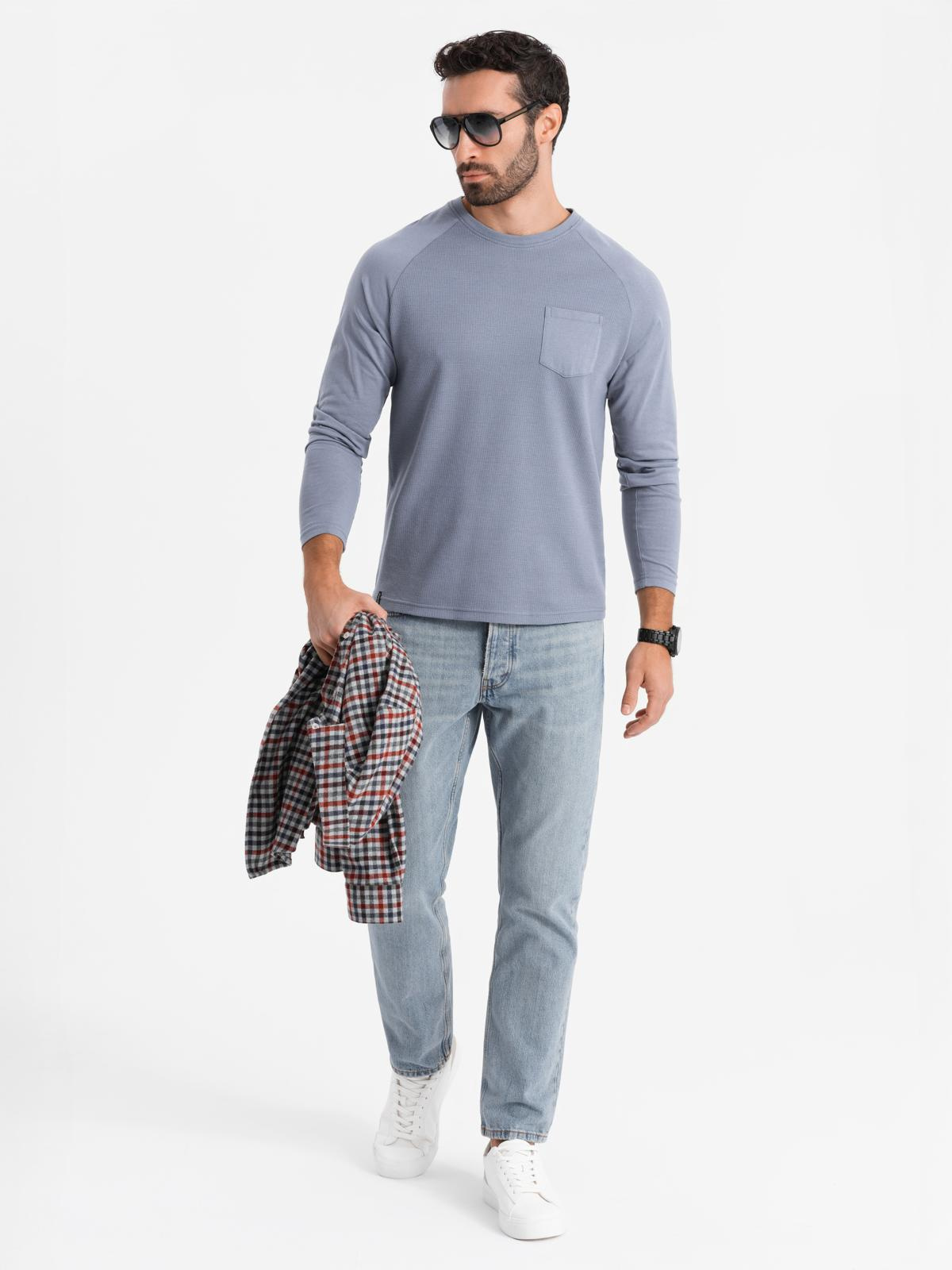 Longsleeve męski bawełniany o waflowym splocie z kieszonką – niebieski denim V8 - Rozmiar: S