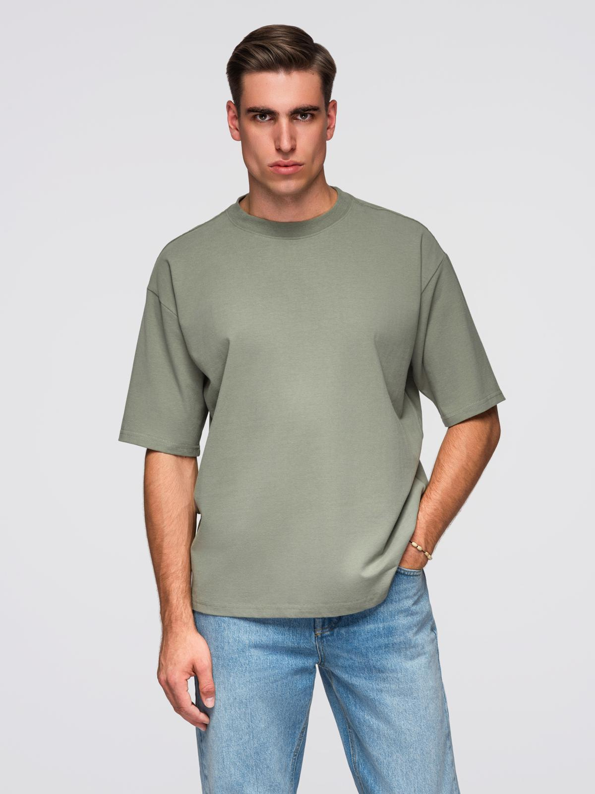 Męski t-shirt bawełniany LOOSE FIT z okrągłym dekoltem – khaki V8 - Rozmiar: XL