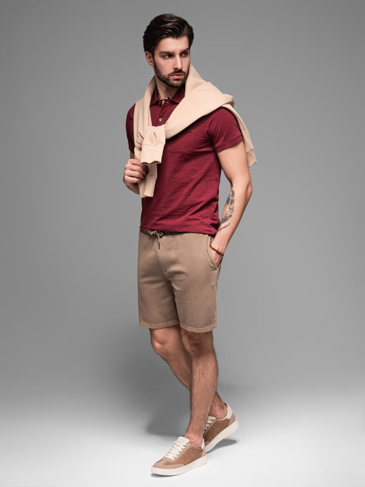 Krótkie spodenki męskie dresowe RELAXED FIT w stylu athleisure – jasnobrązowe V2 - Rozmiar: XXL