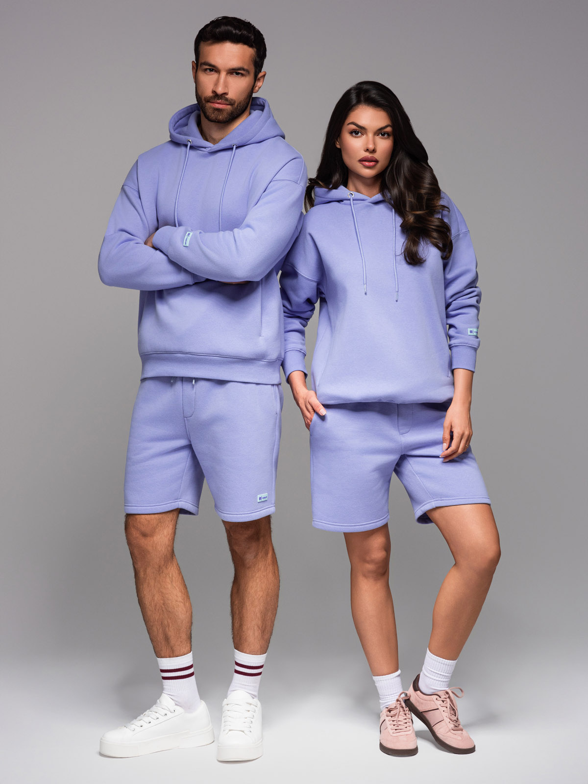 Komplet dresowy UNISEX bluza z kapturem + szorty w stylu athleisure – lawendowe V9 - Rozmiar: M/L
