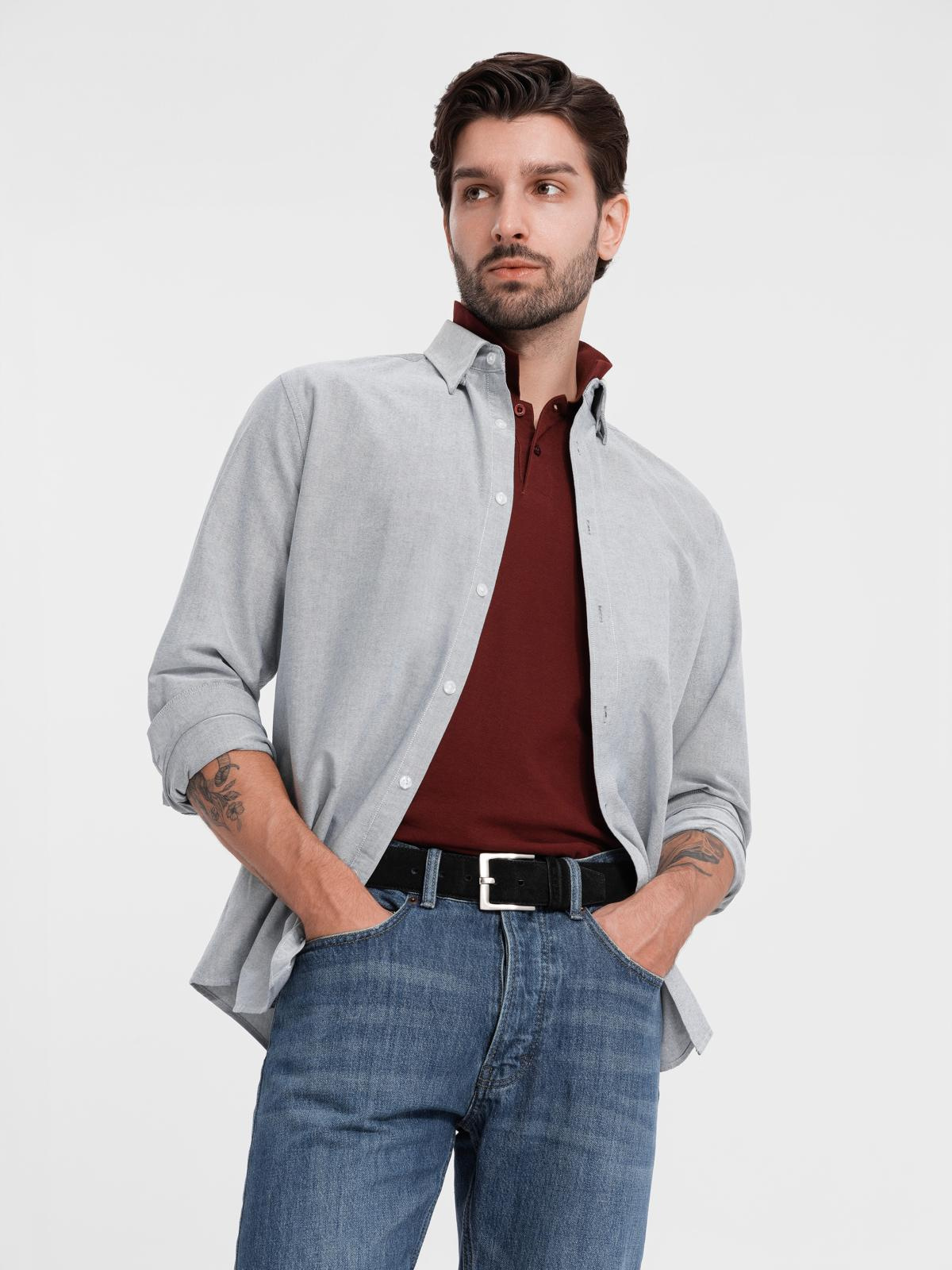 Elegancka koszula męska oxford z haftem – jasnoszara V2 - Rozmiar: XL